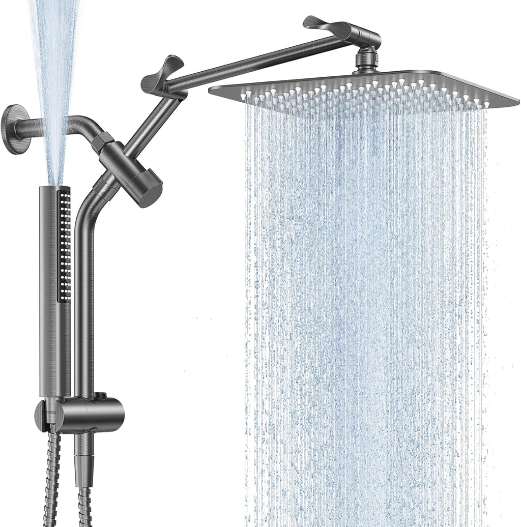 Veken All Metal 10" Gunmetal Gray Shower Head with Handheld, Luxurious Square Double Rain Shower Heads with Spray Combo, Dual High Pressure Detachable Rainfall Showerhead with Extension Arm, Long Hose