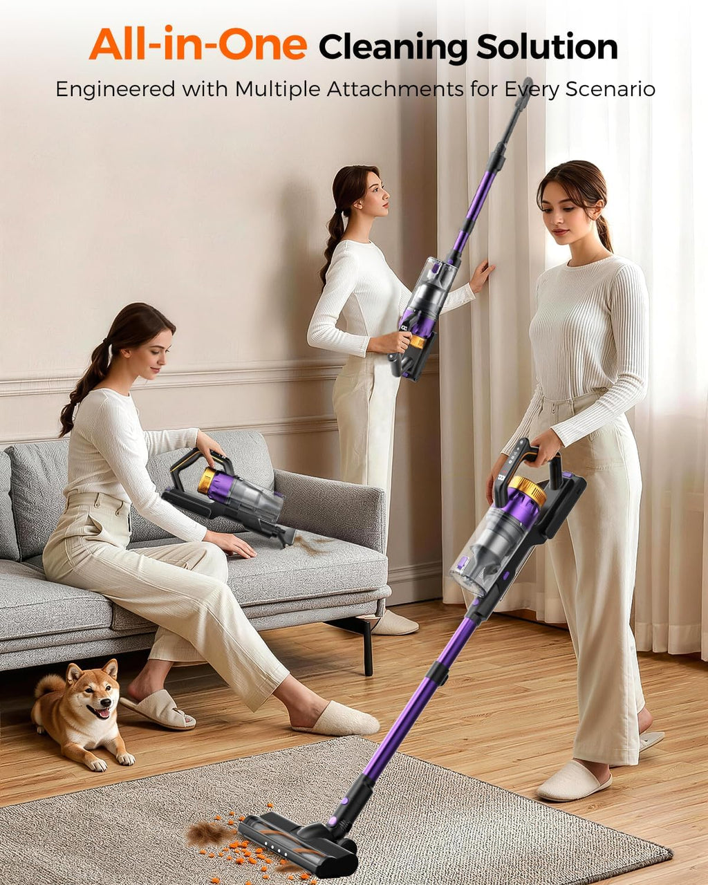 Cordless Vacuum Cleaner for Home, 580W/48KPa Powerful Suction, 65 Min Runtime, Lightweight Stick Vacuum with Touch Screen & Wall Mount, Handheld Vacuum for Pet Hair, Carpet & Hard Floors