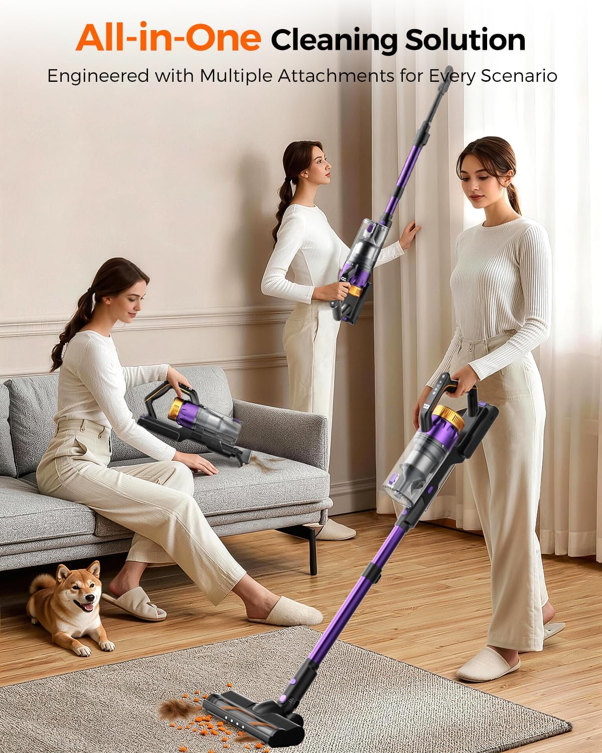 Cordless Vacuum Cleaner for Home, 580W/48KPa Powerful Suction, 65 Min Runtime, Lightweight Stick Vacuum with Touch Screen & Wall Mount, Handheld Vacuum for Pet Hair, Carpet & Hard Floors