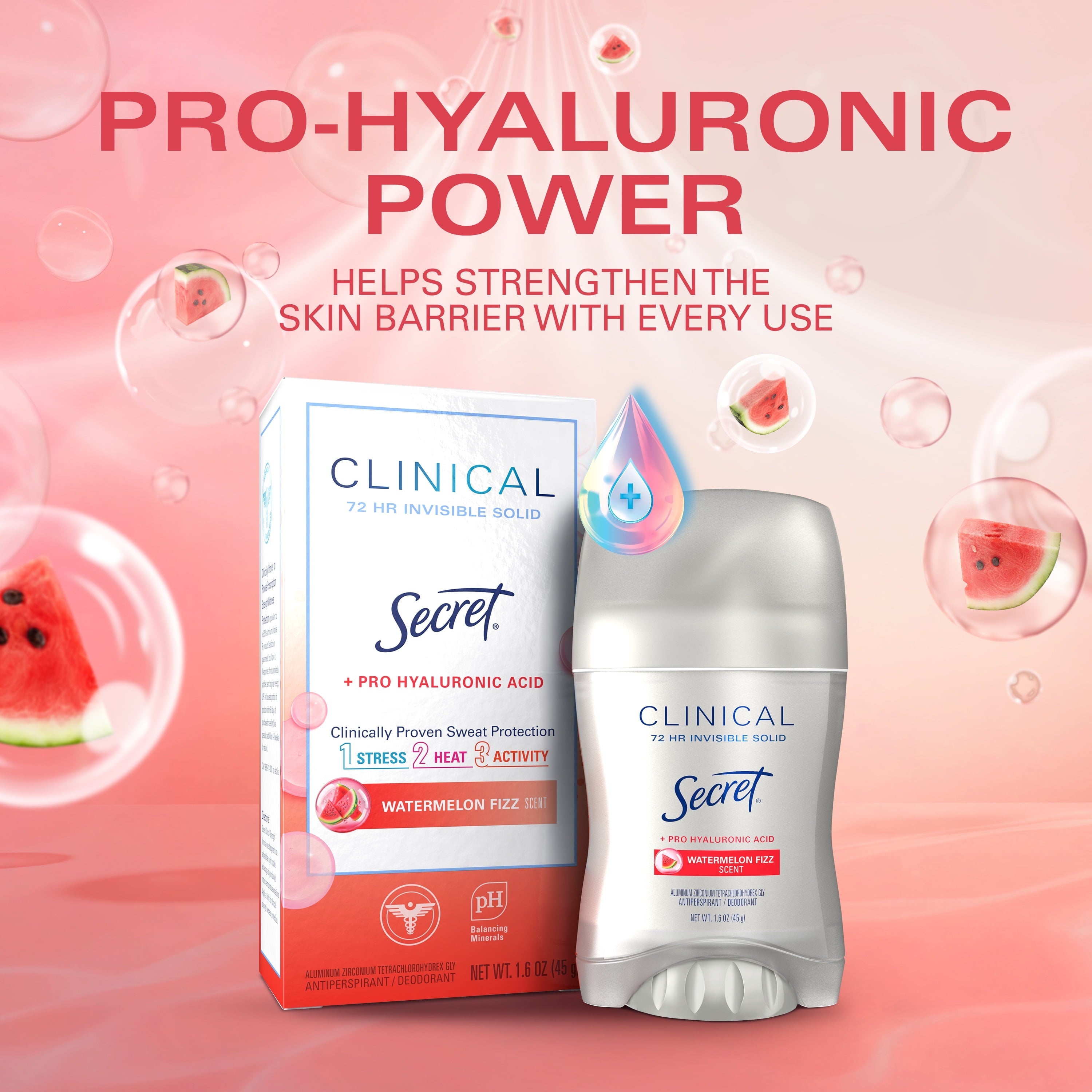 Clinical 72 HR Invisible Solid Antiperspirant Watermelon Fizz with Pro-Hyaluronic Power 1.6 oz
