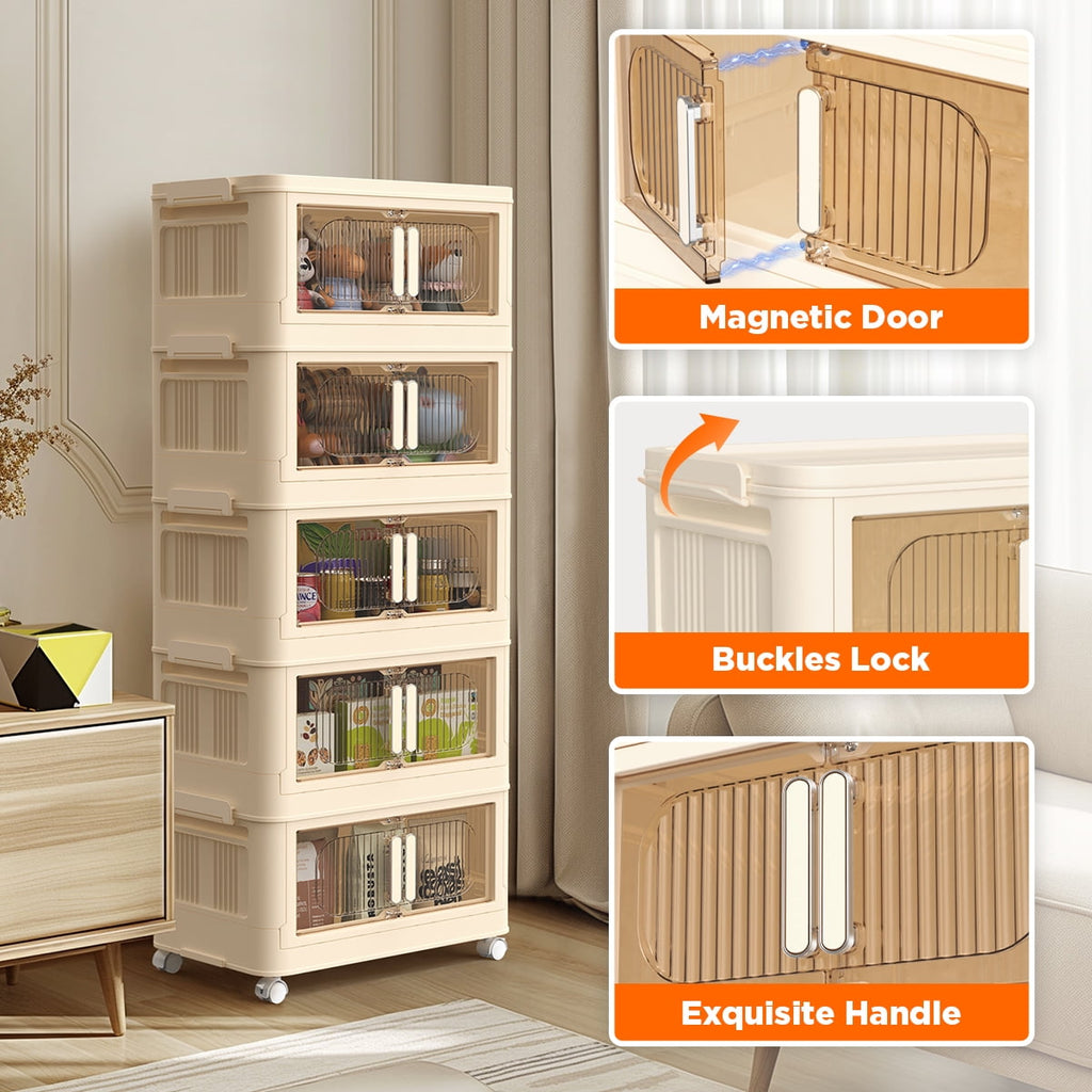 5 Tiers Storage Bins with Wheels, Magnetic Dual Open Collapsible Storage Container with Lids, 125QT Folding Storage Box Bins for Closet Organizers, Home and Office, Beige