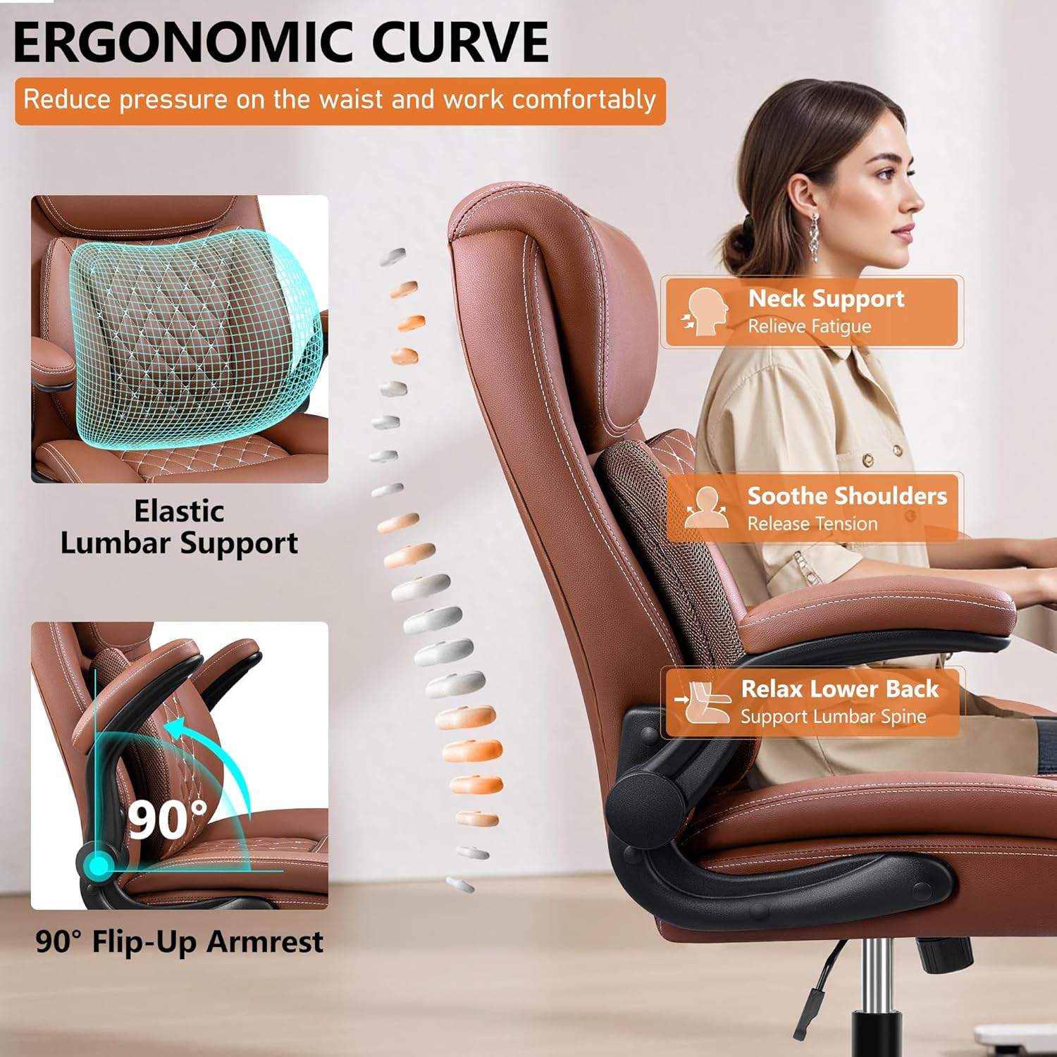 Office Chair, Ergonomic Desk Chair with Lumbar Support for Lower Back Pain Relief, Executive Leather Chair with Padded Flip-up Armrests and Wheels, Brown