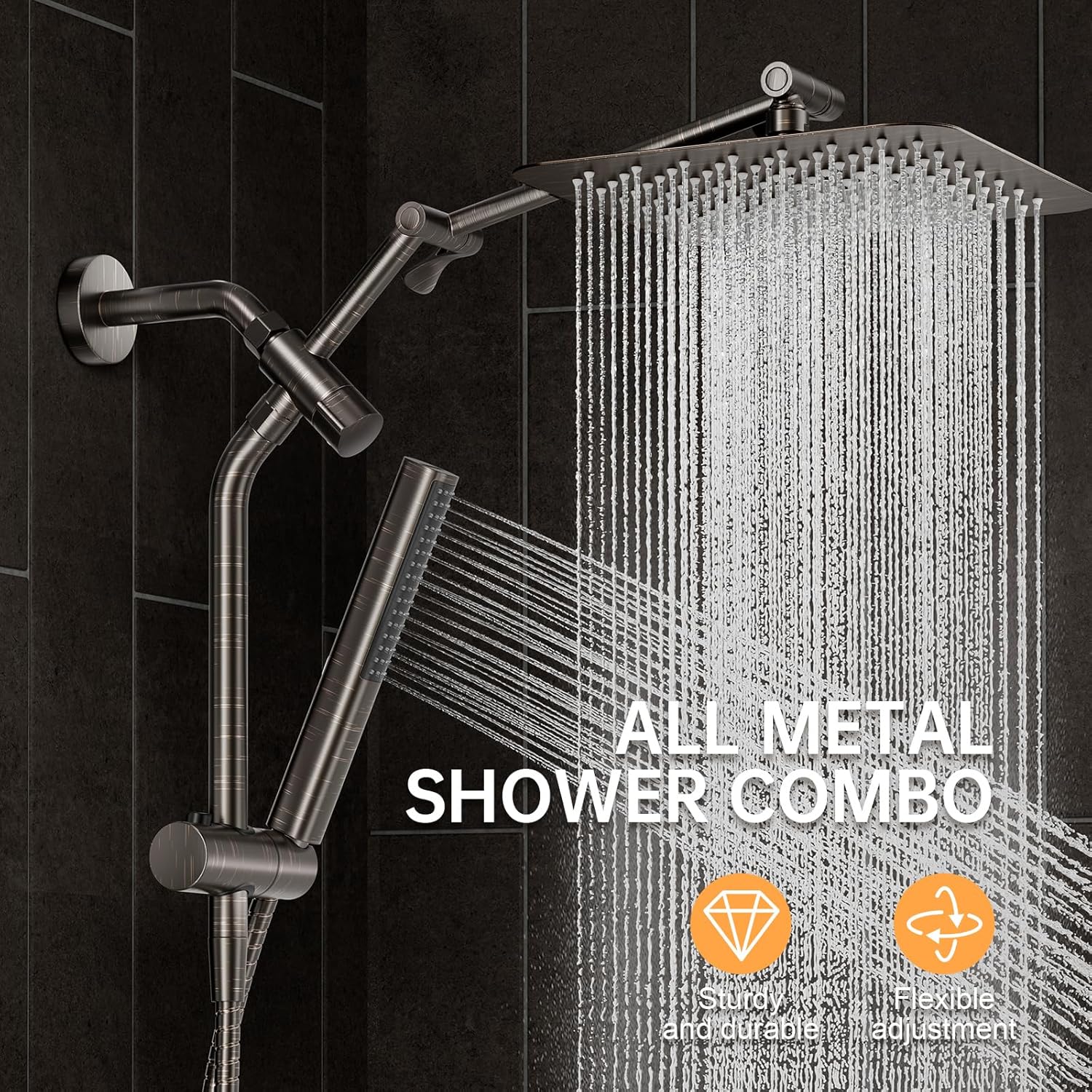 Veken All Metal 10" Oil Rubbed Bronze Shower Head with Handheld, Luxurious Square Double Rain Shower Heads with Power-wash Hand Held, Dual High Pressure Detachable Rainfall Showerhead,Bathroom Upgrade