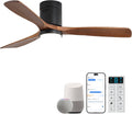Sofucor 52 Inch Smart Ceiling Fans with Lights-Flush Mount Low Profile Modern Outdoor Solid Wood Ceiling Fans with Alexa/Google Assistant/APP/Remote Control for Bedroom/Farmhouse/Patio, Brown Black