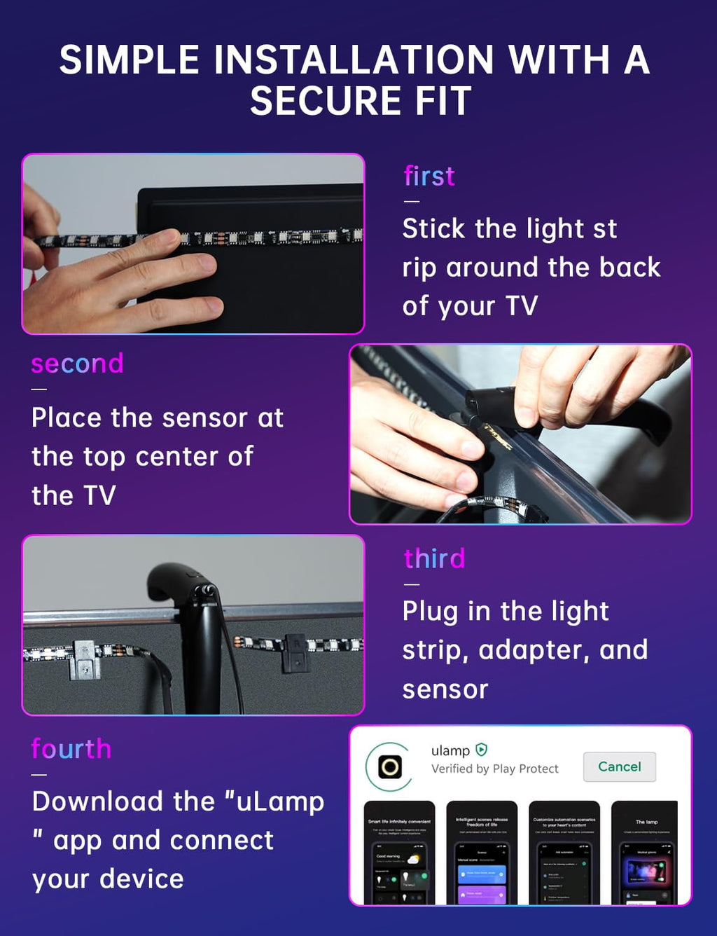 14.76ft TV LED Backlight with Screen Sync Sensor, App Control RGB Strip for 55-65" TVs, Game & Movie Color Changing