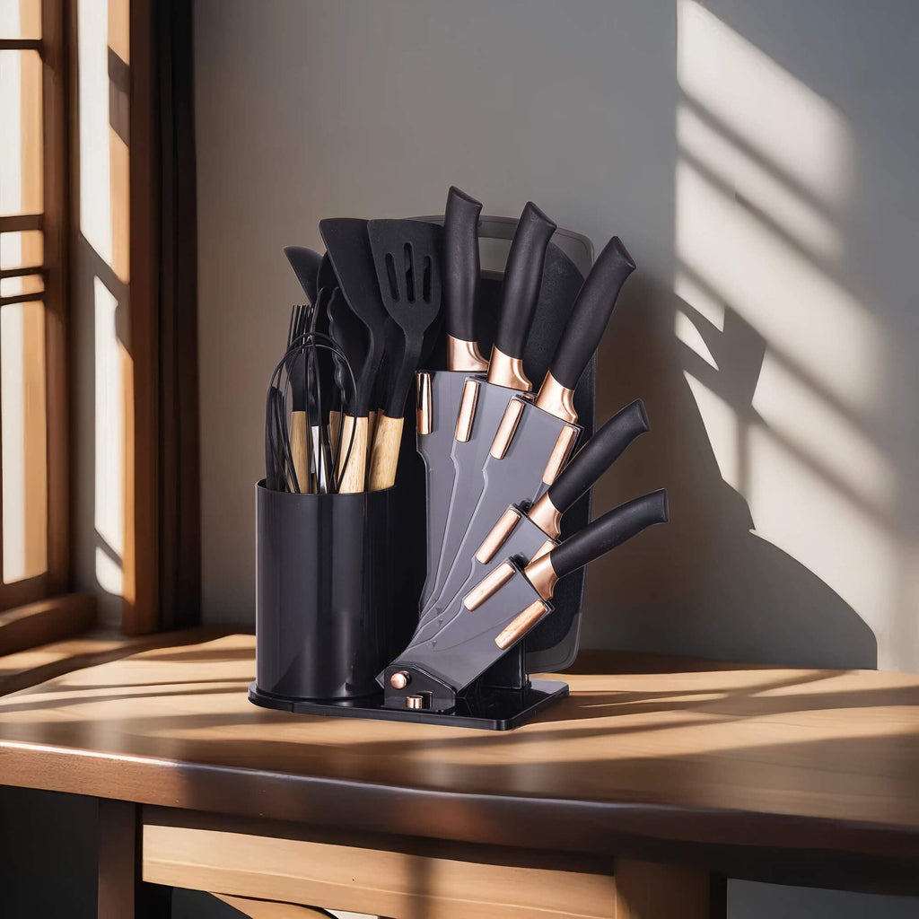 19-Piece Silicone Kitchen Utensil & Knife Set - Heat-Resistant Cooking Tools Non-Stick Safe Gift for Mom or Women Black
