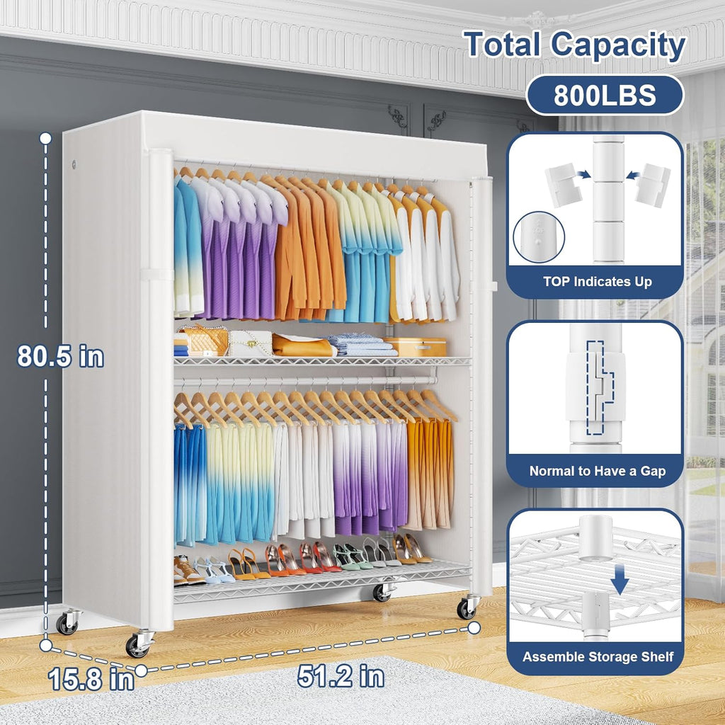 ULIFHOME P8C Max Heavy Duty Clothes RackWith Extended Width Design Rolling Clothing Racks for Hanging Clothes with Lockable Wheels51.2"W x 15.8"D x 80.5"HLoad 700LBSWhite Rack with White Cover