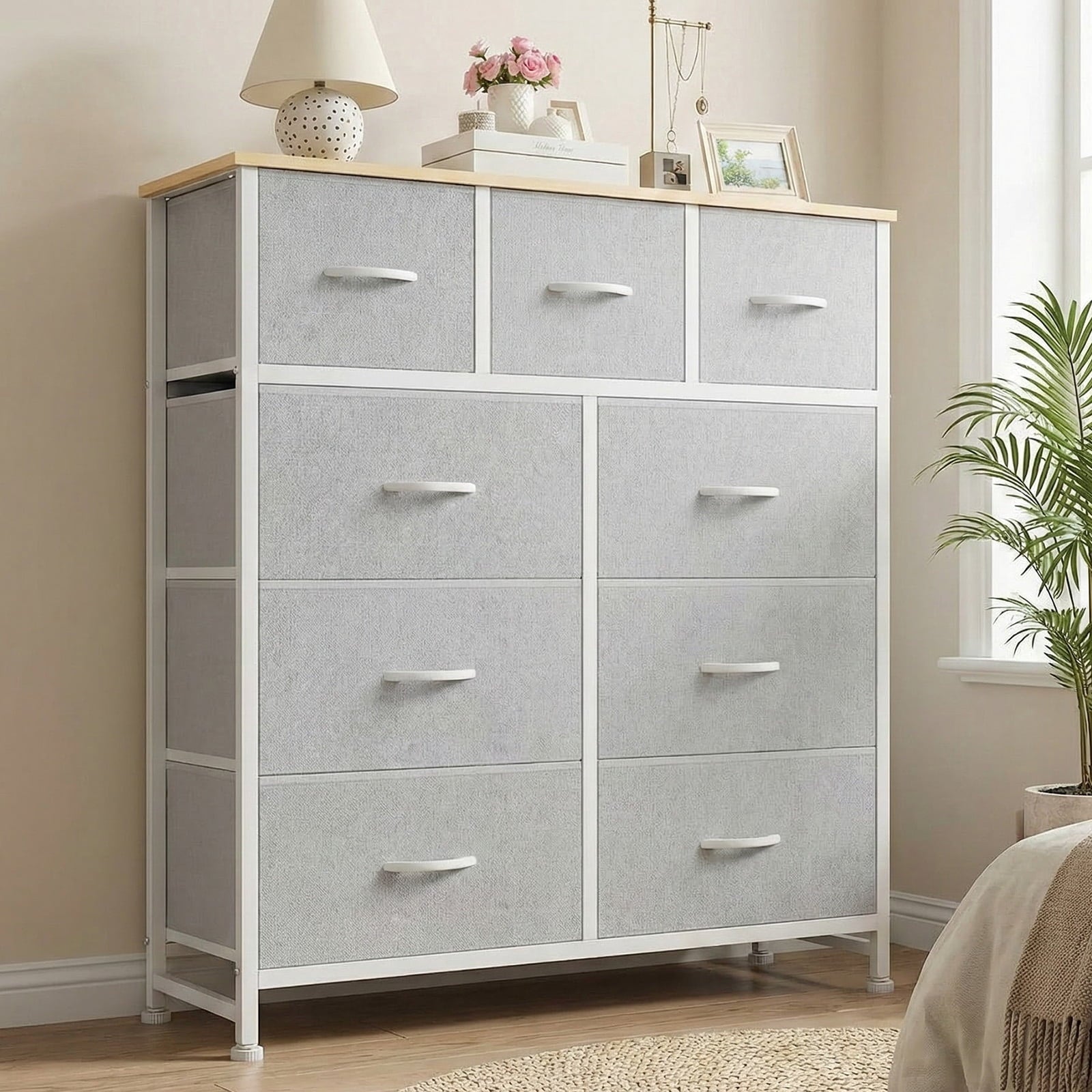 9 Drawers Fabric Dresser for Bedroom, Drawer Organizer Storage Cabinet for Closet, Clothes, TV Stand, Light Gary