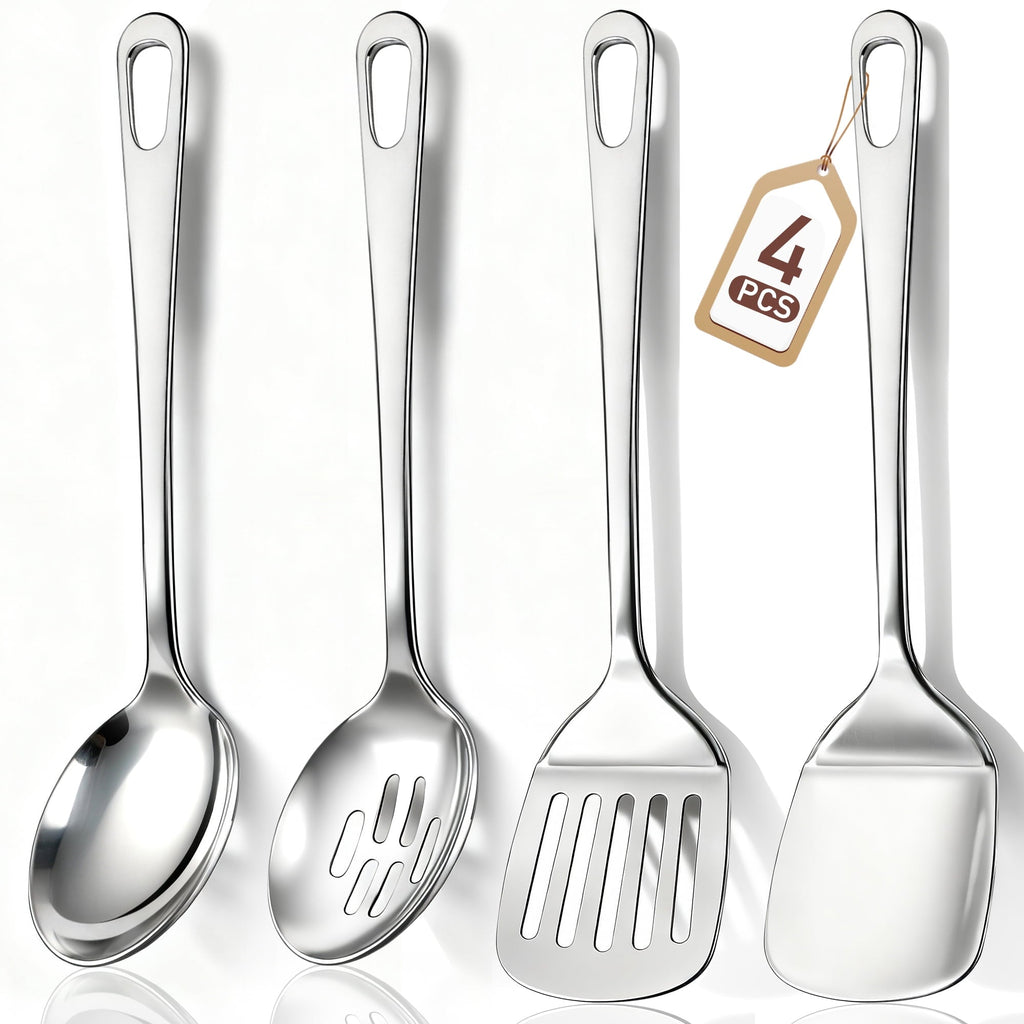 4 Pcs Cooking Utensils Set, Stainless Steel Kitchen Utensils, Kitchen Tools Set Include Solid & Slotted Turner Wok Spatula, Serving Spoon, Home Essentials Kitchen Gadgets Accessories