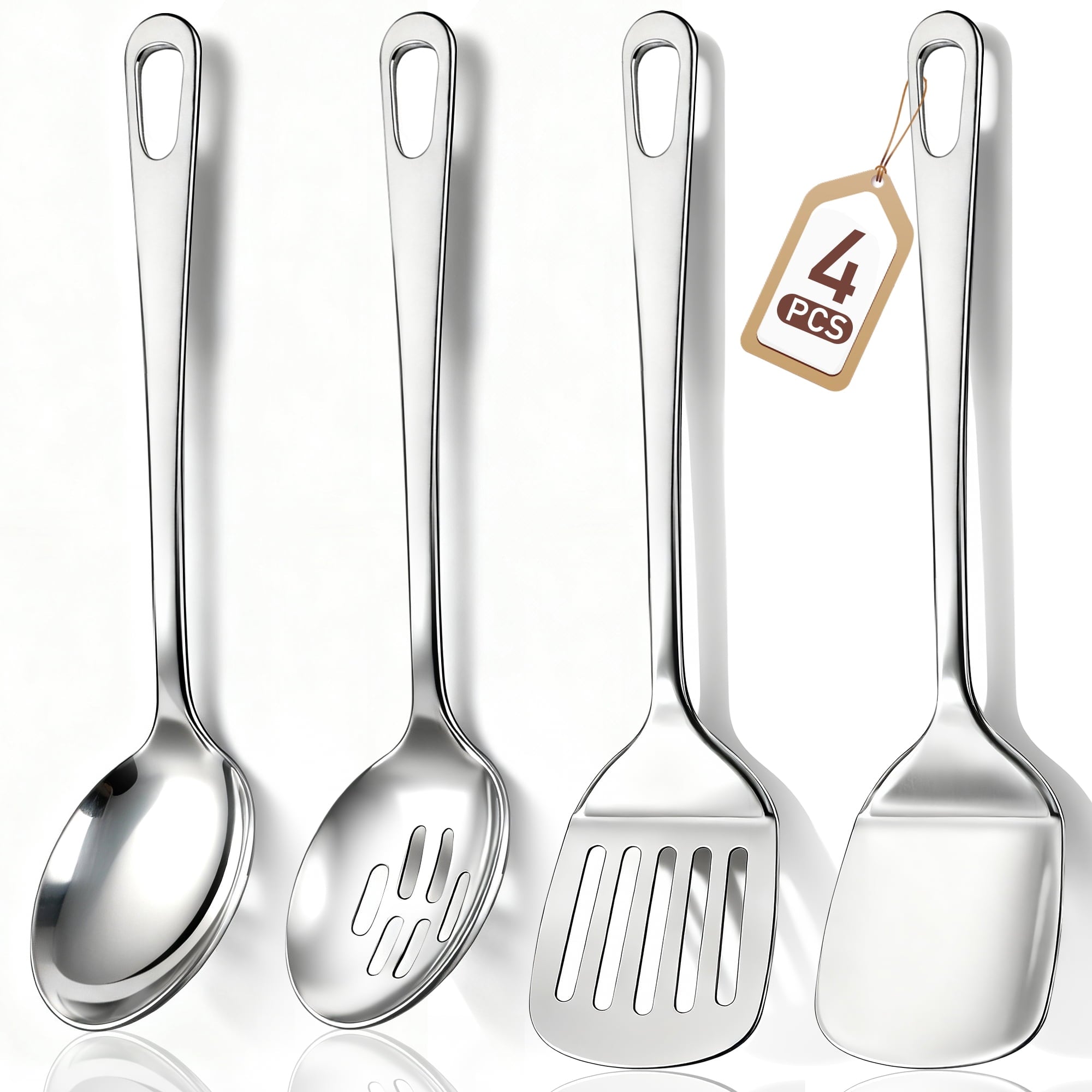 4 Pcs Cooking Utensils Set, Stainless Steel Kitchen Utensils, Kitchen Tools Set Include Solid & Slotted Turner Wok Spatula, Serving Spoon, Home Essentials Kitchen Gadgets Accessories
