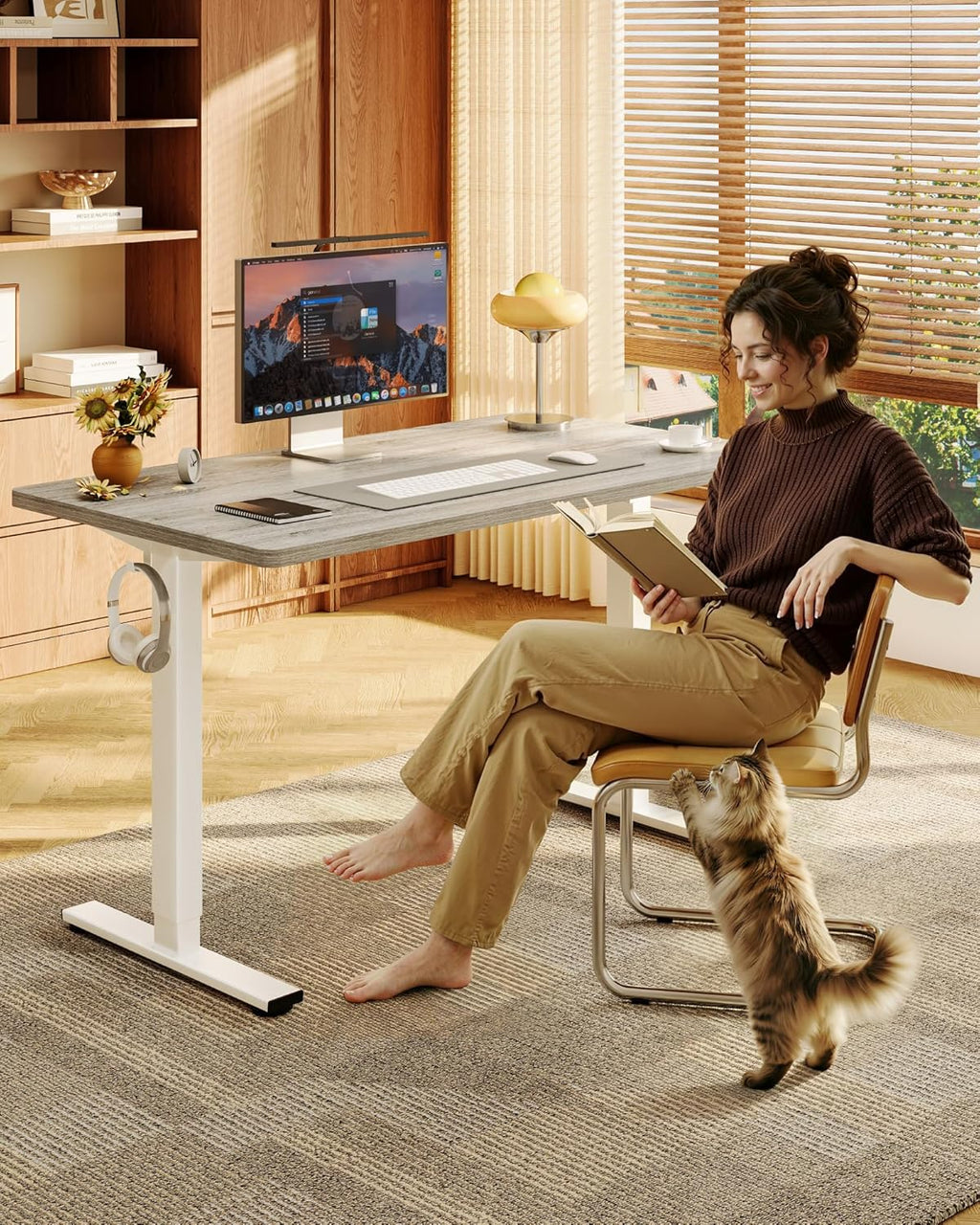 FLEXISPOT EN1 One-Piece Standing Desk with 1-Inch Thick Seamless Desktop, 48"x24" Electric Height Adjustable Desk for Home Office, Multi-Monitor Setups & Easy Assembly, Gray Wood