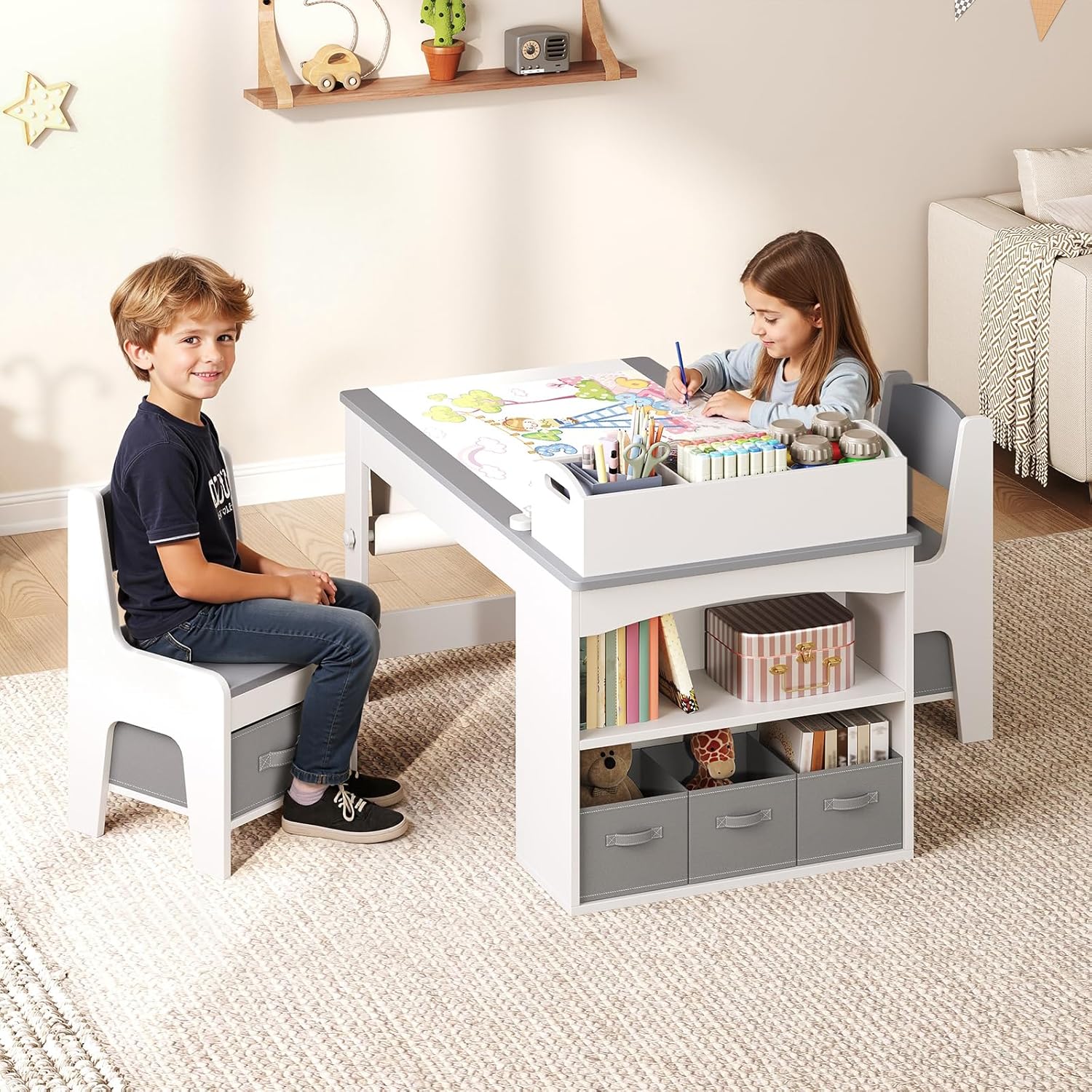 Kids Art Table and Chair Set, Wooden Toddler Activity Desk with Removable Tabletop Shelf and 5 Storage Drawers, Paper Pressing Rod & Roll Holder for Playroom, Nursery, Grey and White