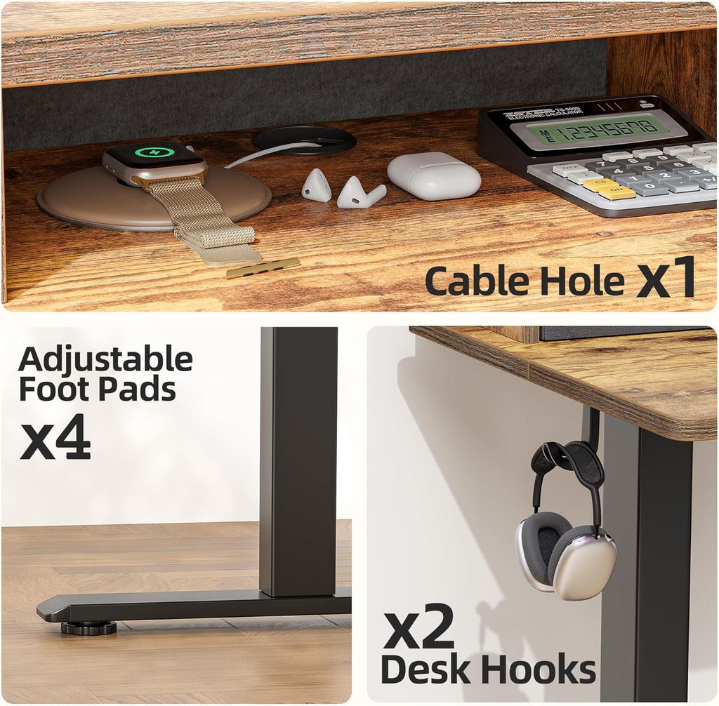 TIQLAB Standing Desk with Two Drawers, Stand Up Standing Desk Adjustable Height, Electric Sit Stand Table with Storage Shelf and Splice Board, 55 * 24 inch, Rustic Brown