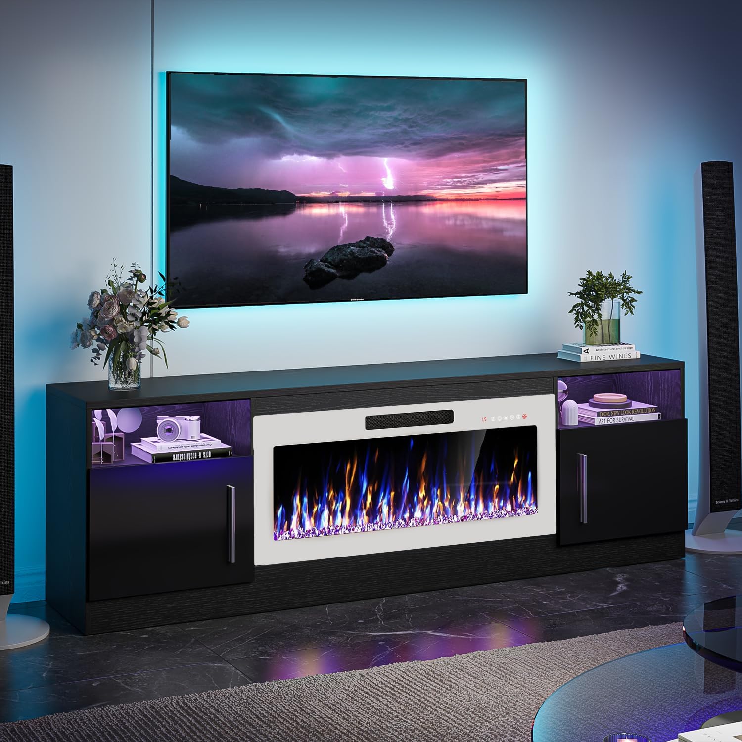 VITESSE TV Stand Fireplace with 36" inch Electric Fireplace Up to 80" TVs, LED Light Entertainment Center, 70" Modern Wood High Gloss with Highlight Storage Cabinet for Living Room (Black)