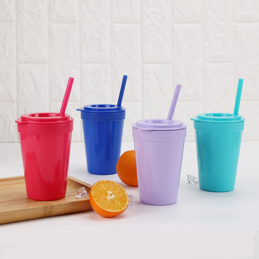 4-Pack Plastic 15-Ounce Capacity Tumbler Set with Lid and Straw, Multi-Colored