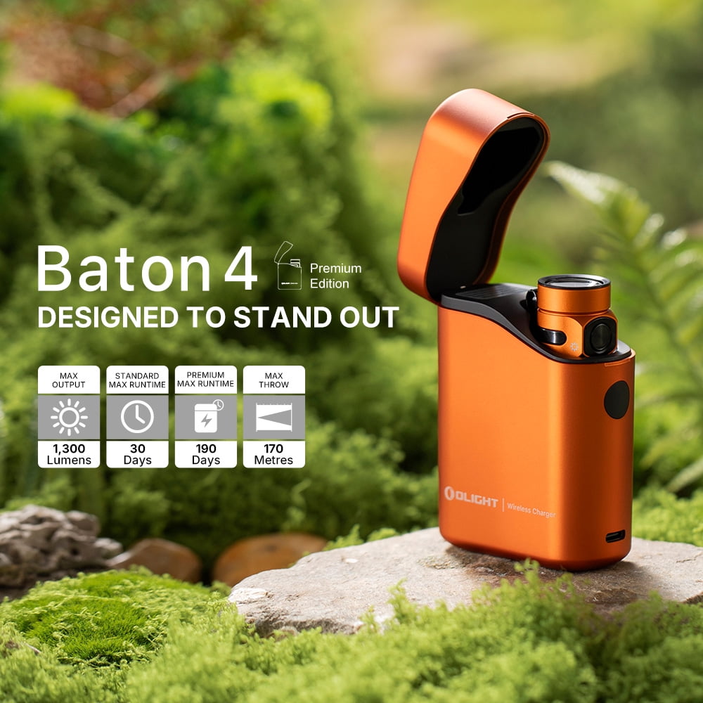 Baton4 Premium Edition EDC Flashlights 1300 Lumens with Type-C Charging Box, Powered by Battery, Small Bright Light IPX8 Waterproof for Emergencies, Outdoors (Orange)