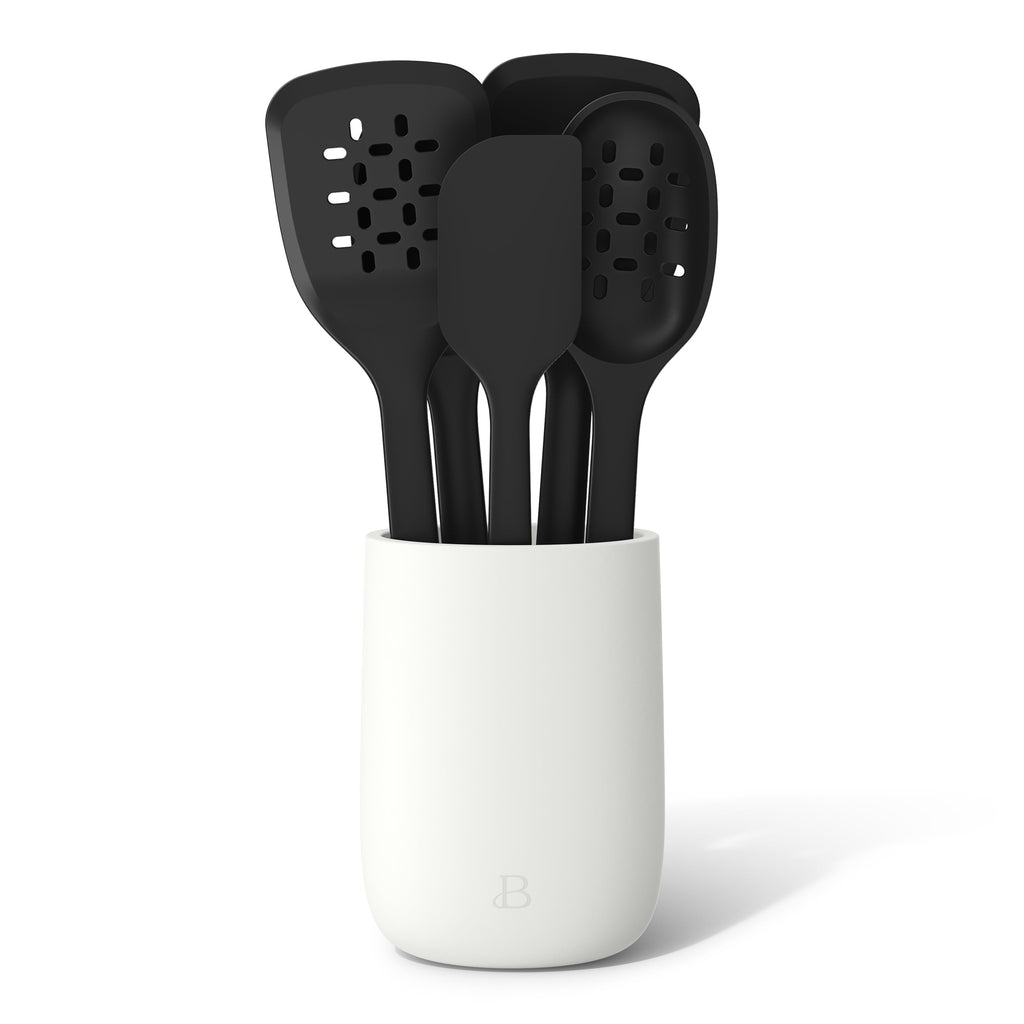 6-Piece Silicone Tool Set with Ceramic Crock, Porcini Taupe by Drew Barrymore