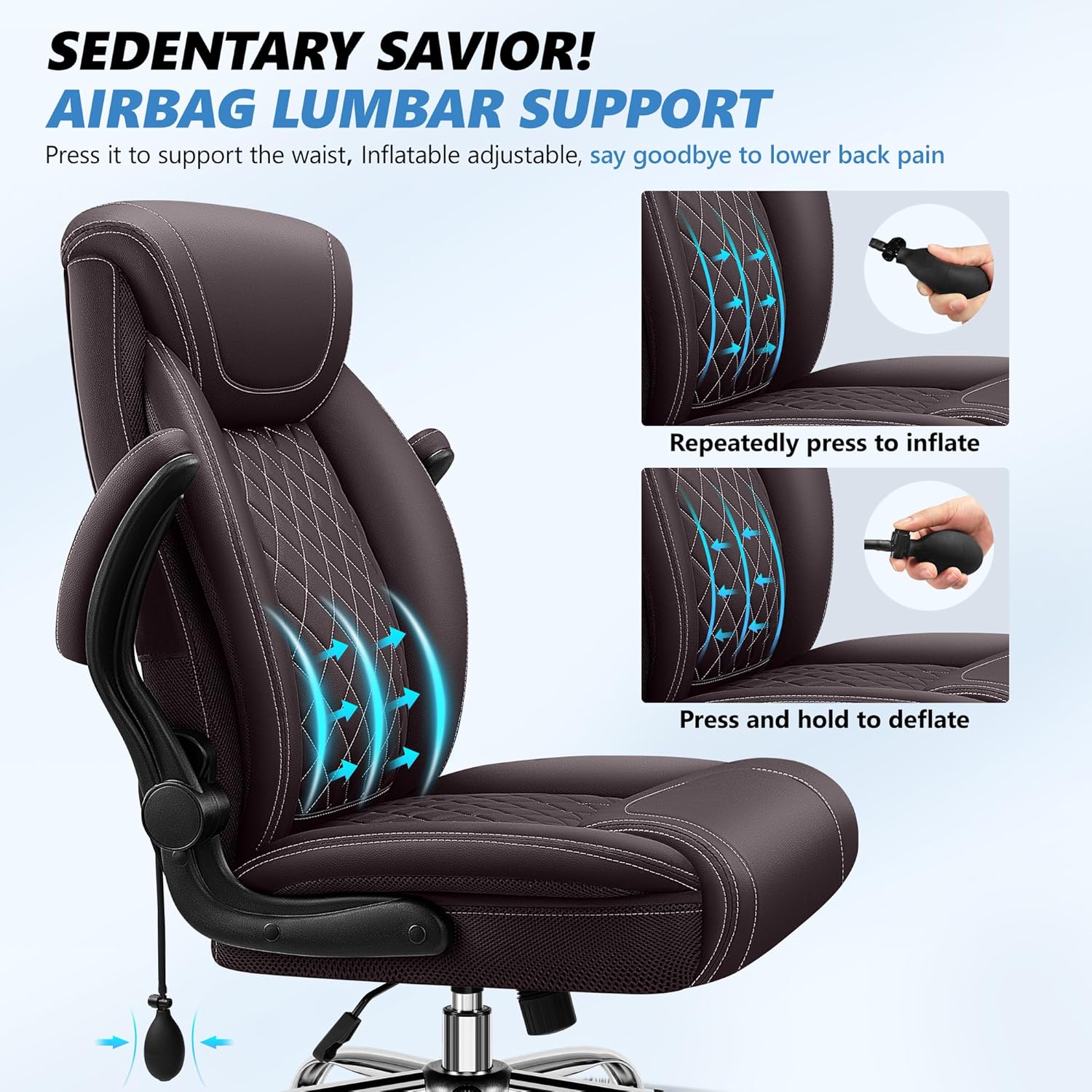 Office Chair, Big and Tall Ergonomic Desk Chair, Executive Leather Computer Chair with Adjustable Lumbar Support, Comfy Gaming Chair with Flip Up Arms, Swivel PC Chair with Rocking Function, Coffee
