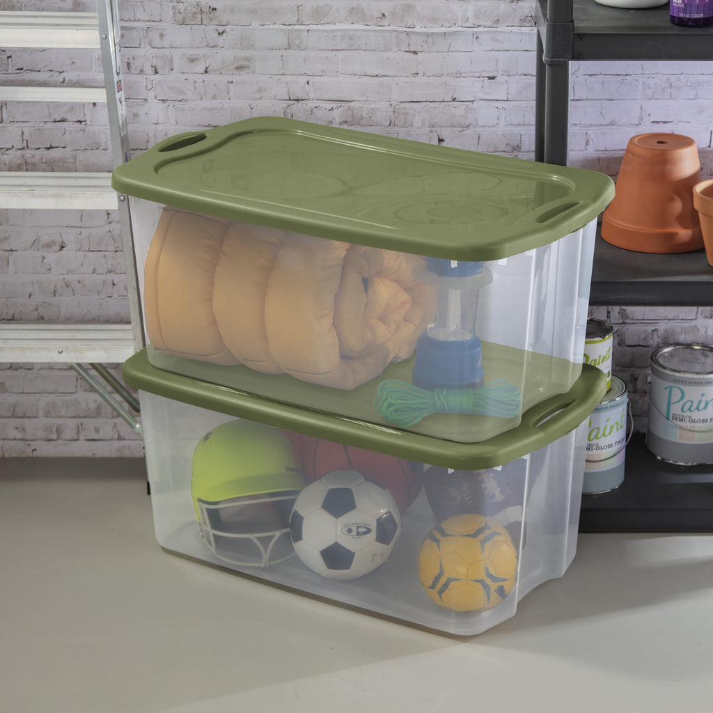 EZ Carry 120 Quart Extra-Large Storage Bin, Clear Plastic Storage Container with Full-Grip Handles, Green