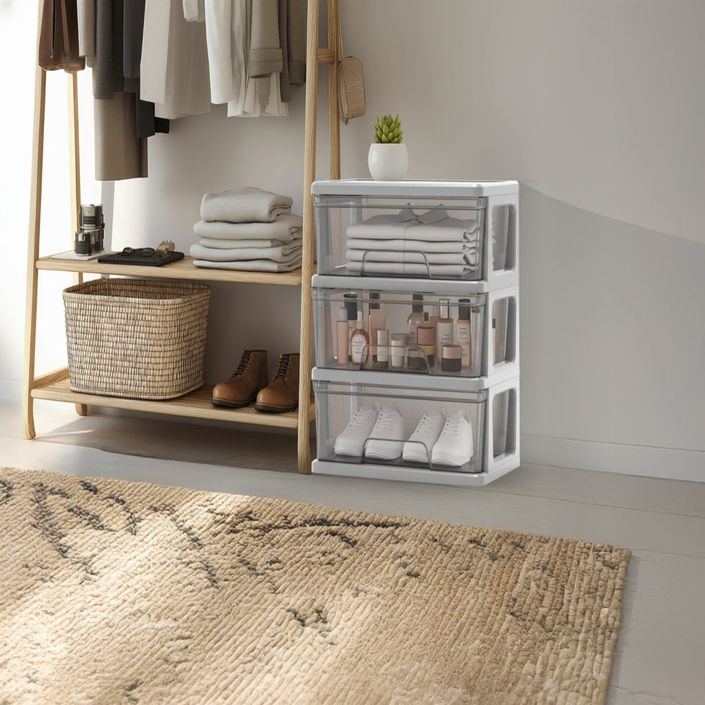 Knock Down Medium Storage Cart with Drawers, Silver Plastic