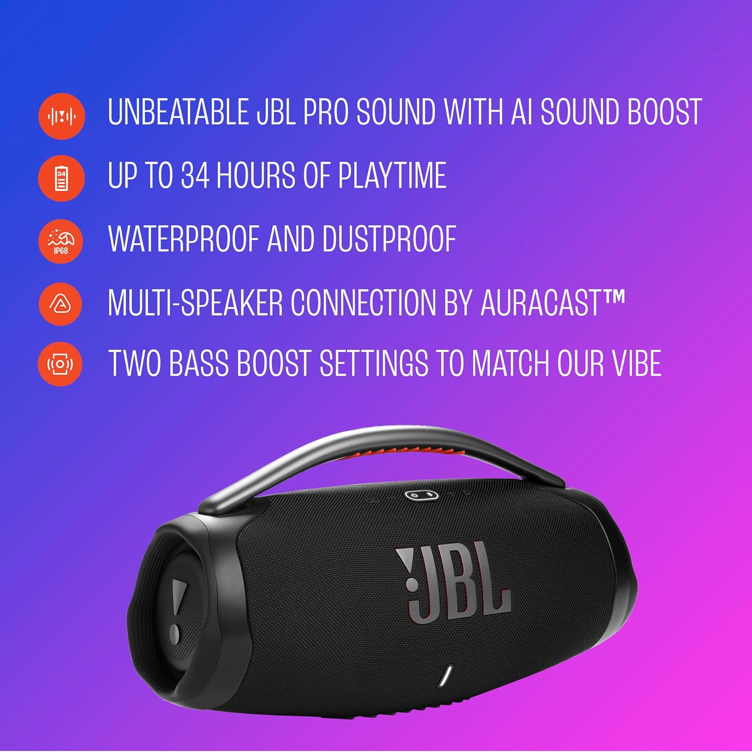 JBL Boombox 4 - Most Powerful Portable Waterproof Speaker with Massive Pro Sound Up to 34 Hours of Playtime & Multi-Speaker Connection by Auracast™ (Black)