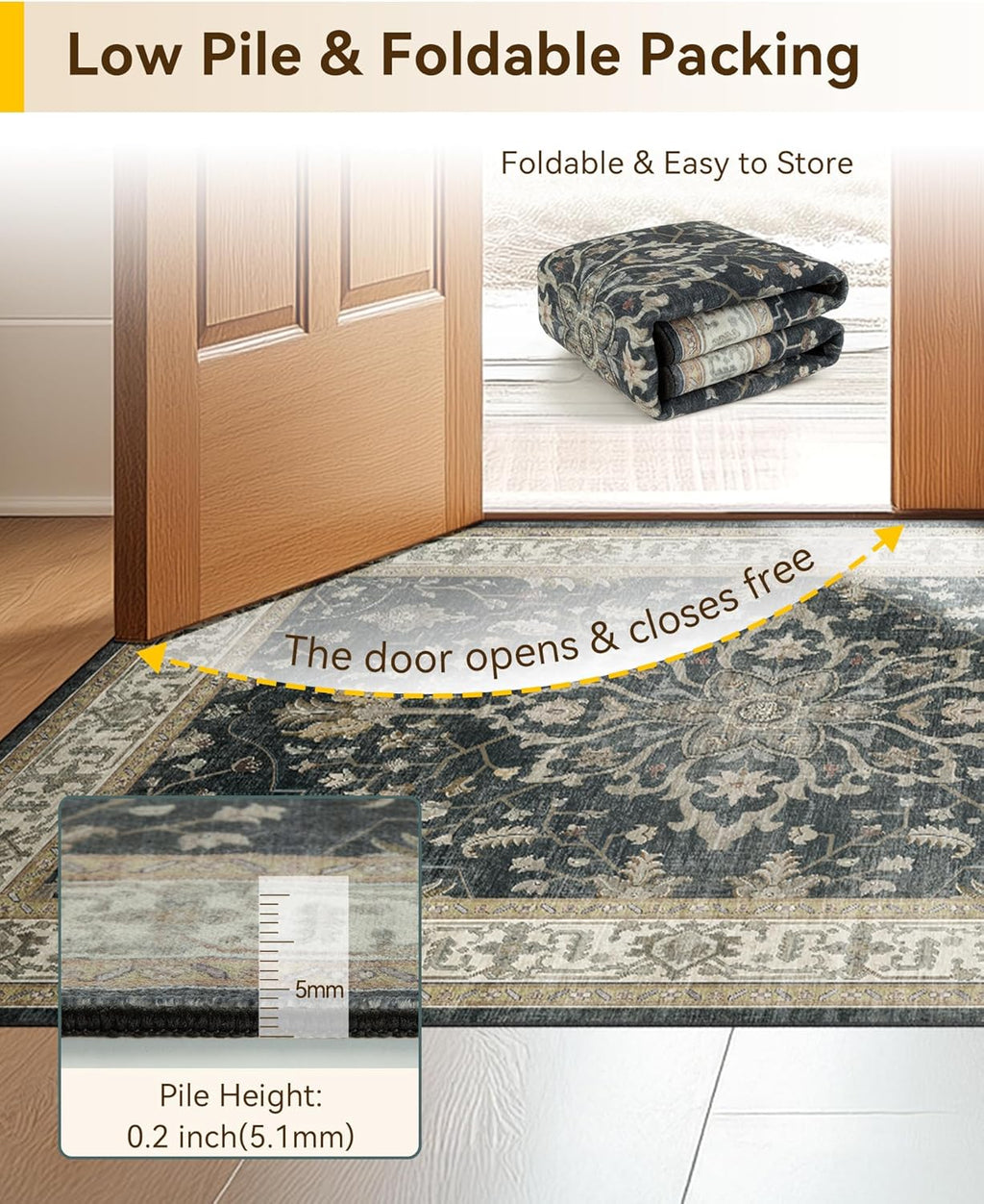 RELEANY Area Rugs 9'x12' Washable Non-Slip, Floral Vintage Distress Print Pattern Medallion Carpet for Living Room Bedroom Dining Room, Vintage Black Brown Neutral
