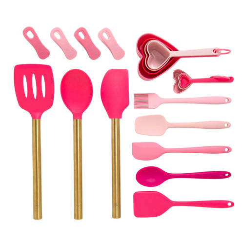 20-Piece Kitchen Gadget Set, Heart-Shaped Measuring Cups & Spoons, Silicone Tools & Bag Clips, , Pink