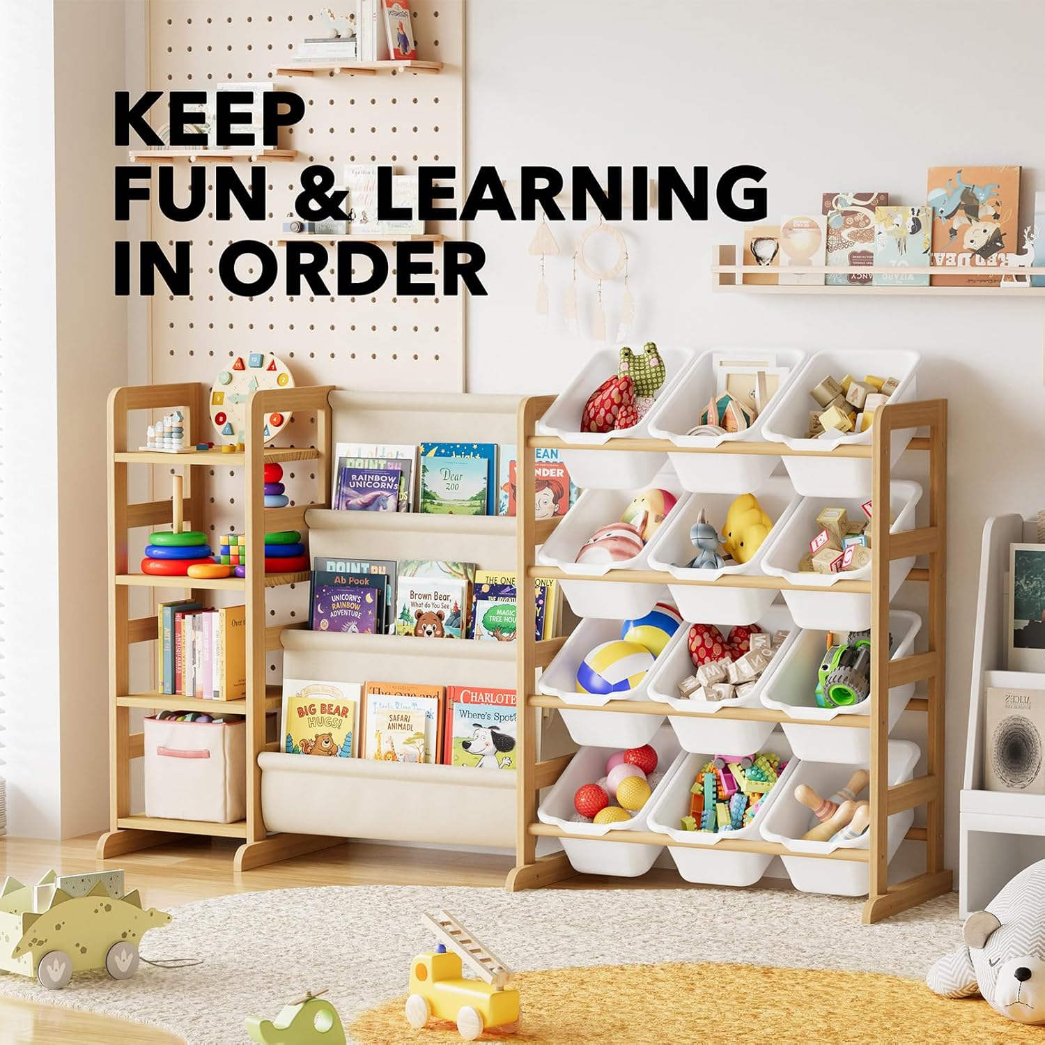 SpaceAid 3-in-1 Toy Storage Organizer with 4 Shelves and 12 Bins, Toy Organizers Storage 3-Tier Bookshelf, Kids Bin Shelf Box Bookcase for Bedroom Playroom Organization Room Decor, White