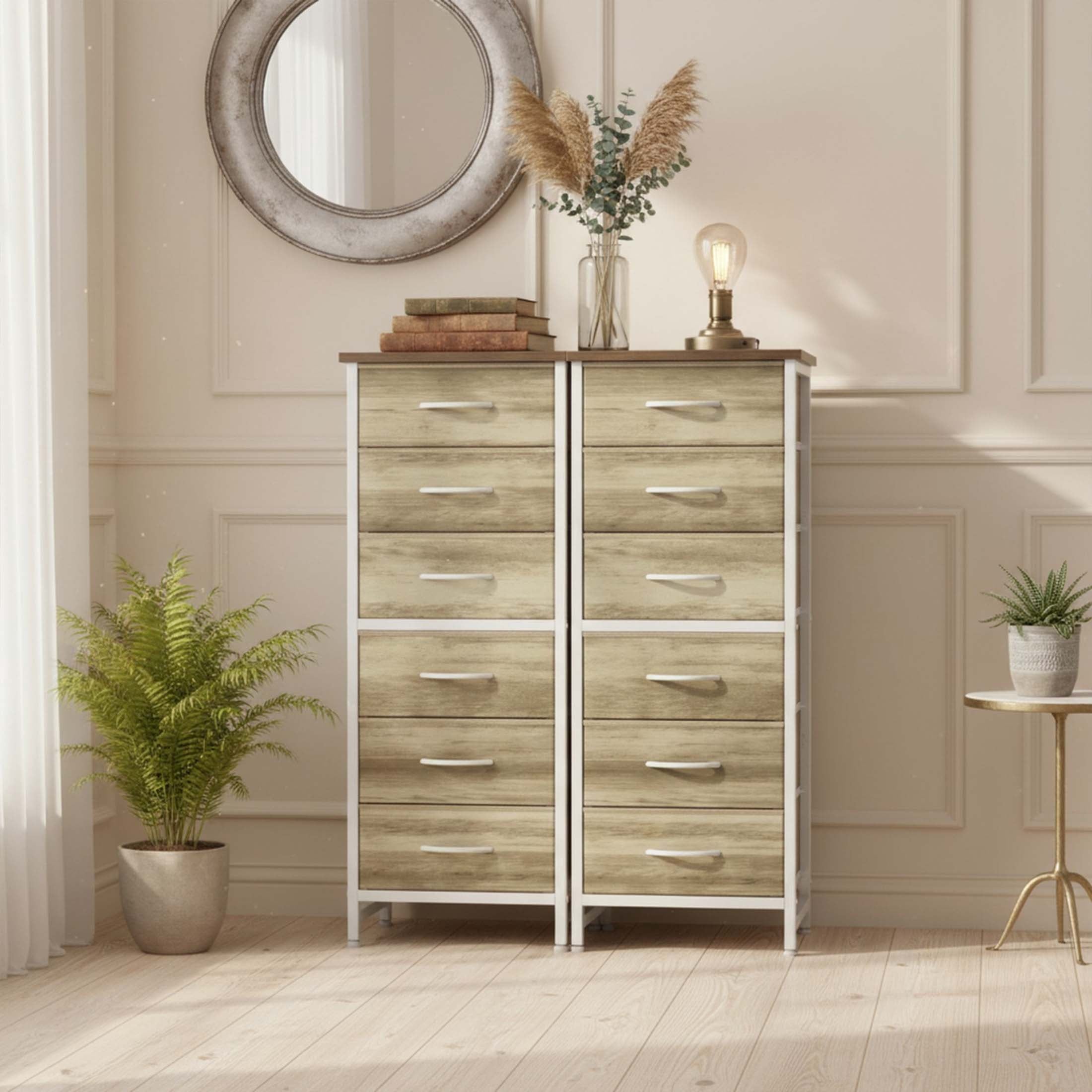 5 Fabric Dresser with 5 Storage Drawers, TV Stand with Wooden Top Metal Frame for Clothes, Living Room, Hallway, Entryway, Rust