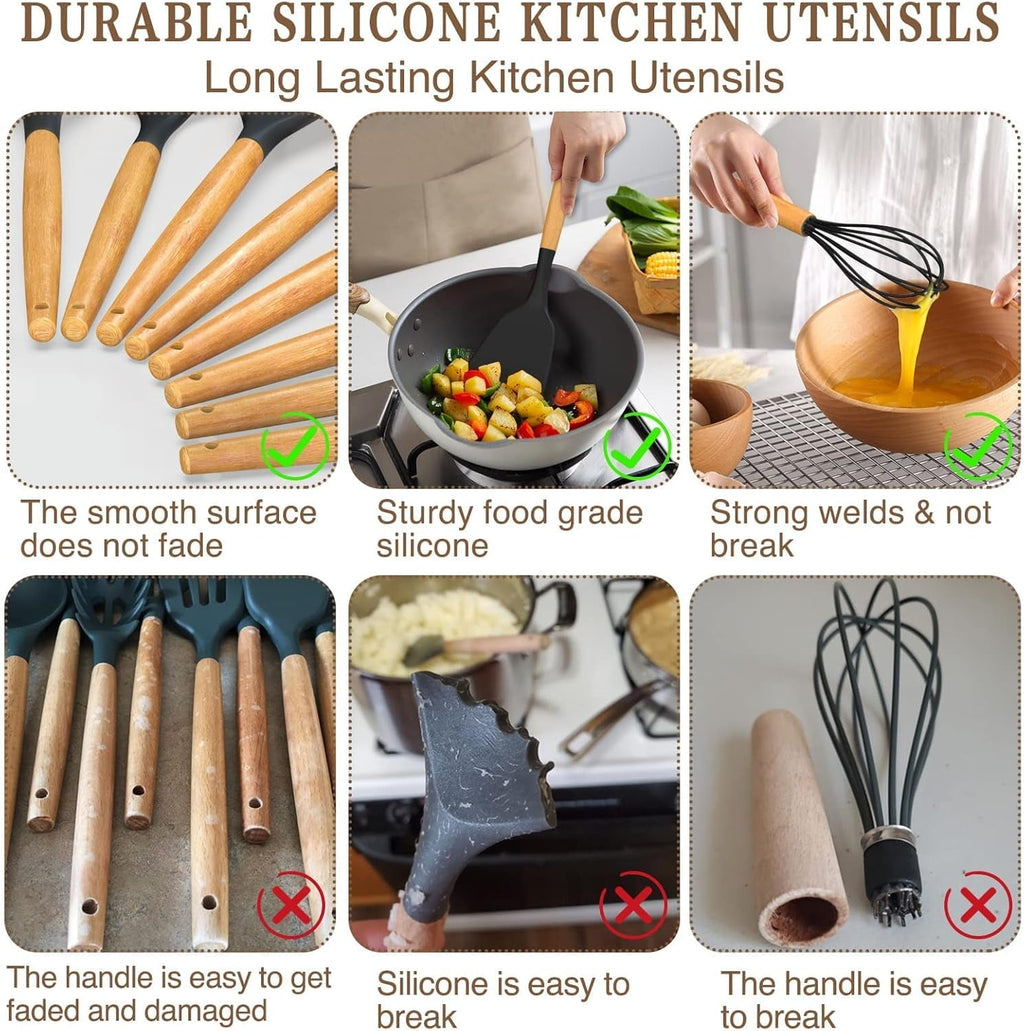 Kitchen Cooking Utensils Set, 33 pcs Non-stick Silicone Cooking Kitchen Utensils Spatula Set with Holder, Wooden Handle Silicone Kitchen Gadgets Utensil Set (Cream White)