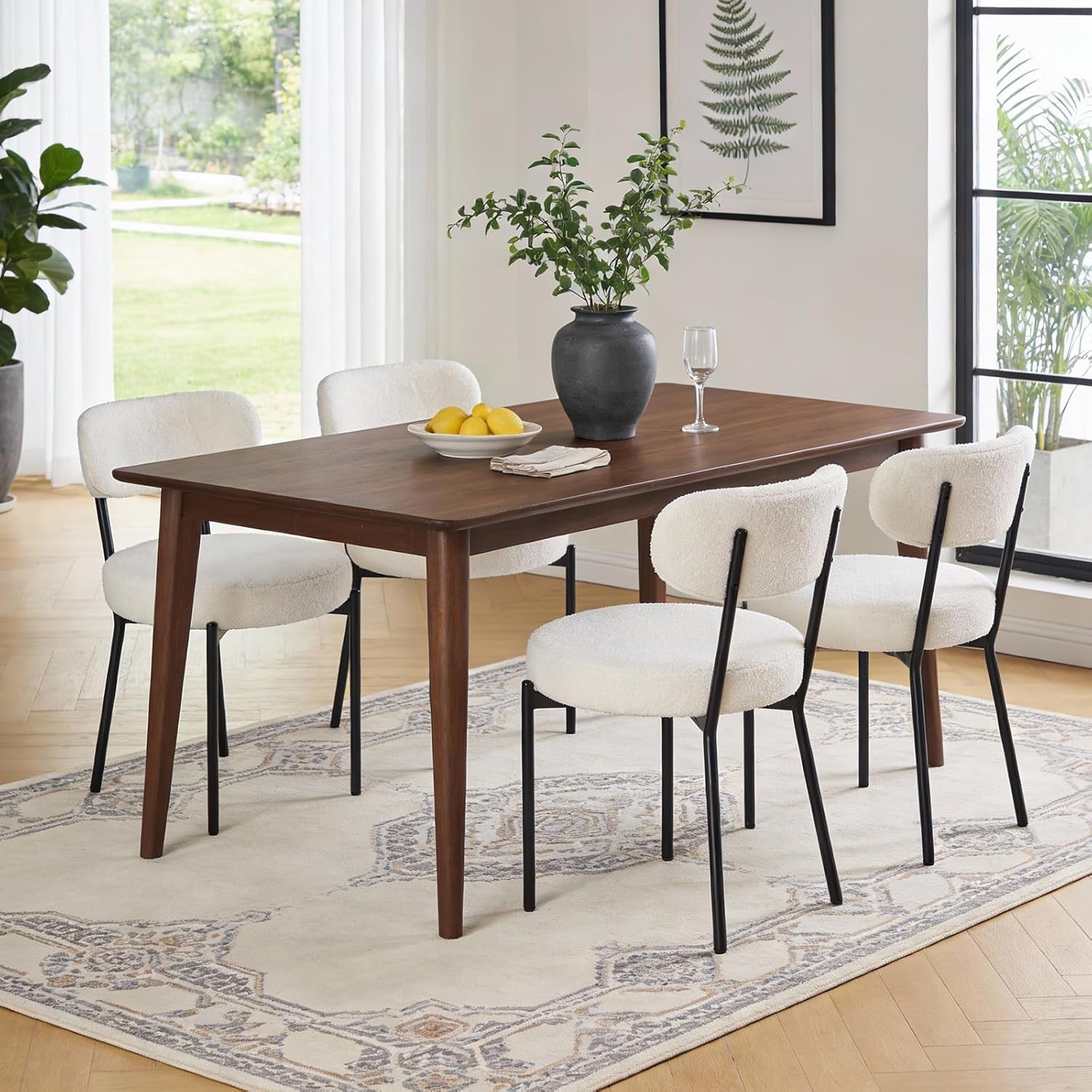 DUMOS Dining Chairs Set of 4, Mid Century Modern Chair Round Upholstered Curved Backrest, Kitchen Vanity Living Room Chairs with Black Metal LegsLight Beige