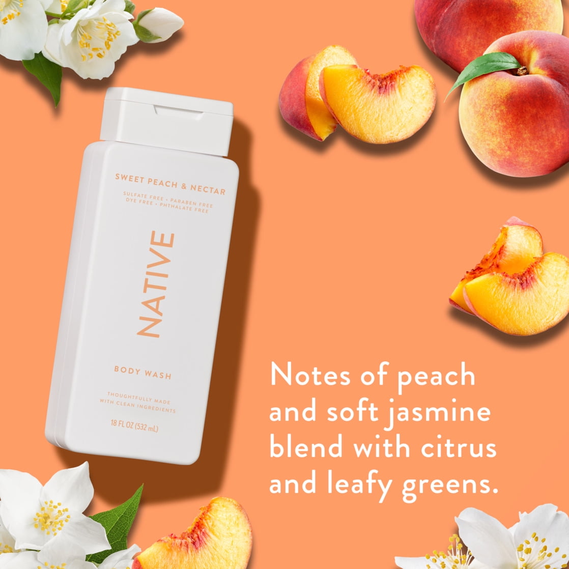 Body Wash, Sweet Peach & Nectar, Sulfate Free, Naturally Derived Ingredients, 24hr Freshness, for Women & Men, 18 fl oz