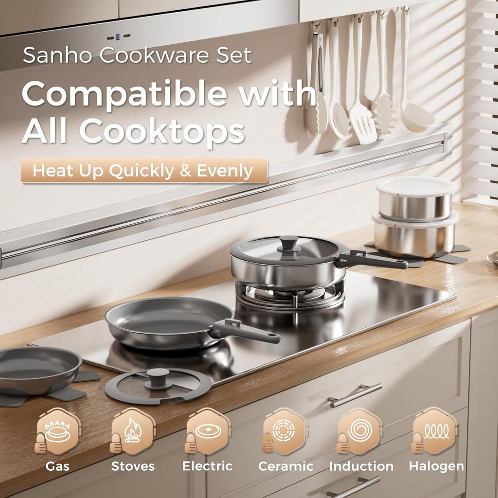 Sanho 21-Piece Pots and Pans Set, Healthy Ceramic Nonstick Cookware with Detachable Handles, Non-Toxic 4-Layer Stainless Steel & Aluminum Core, Induction RV Kitchen Set, Dishwasher & Oven Safe, Gray
