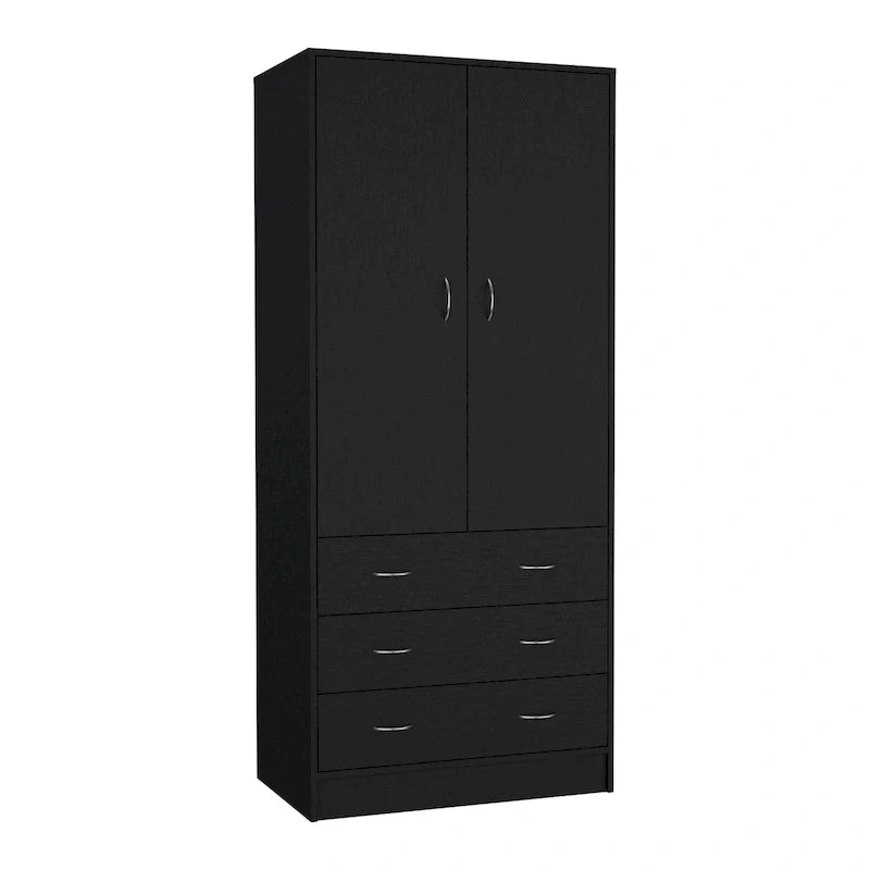 19 Modern Double-door Armoire with 3 Drawers and 1 Hanging Rod for Bedroom