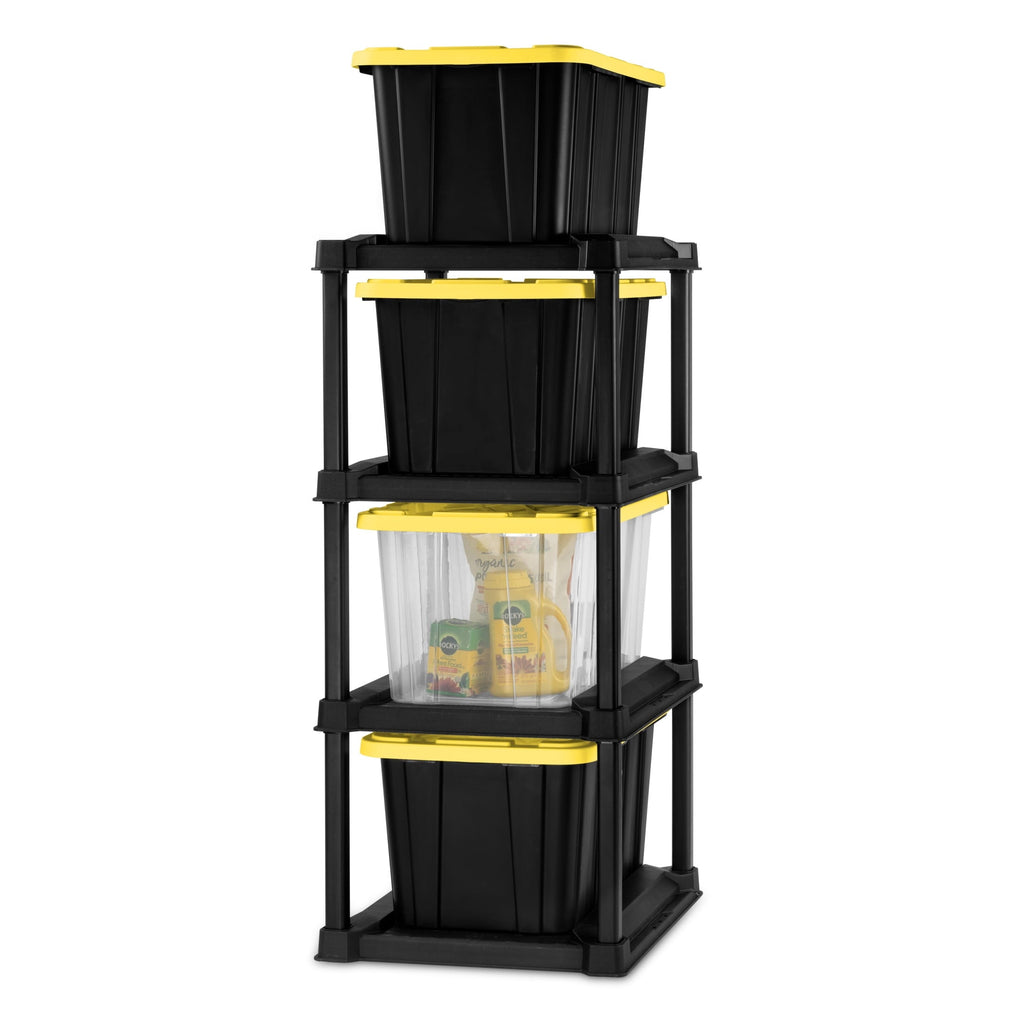 4 Tier Plastic Tote Rack, Holds Four 27 Gallon Industrial Storage Bins, Rugged and , Black