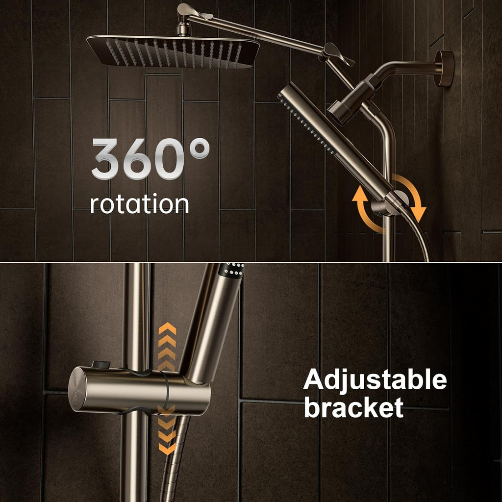 Veken All Metal 10" Brushed Nickel Shower Head with Handheld, Luxurious Square High Pressure Double Rain Shower Heads with Power-wash Hand Held, Dual Detachable Rainfall Showerhead,Bathroom Upgrade
