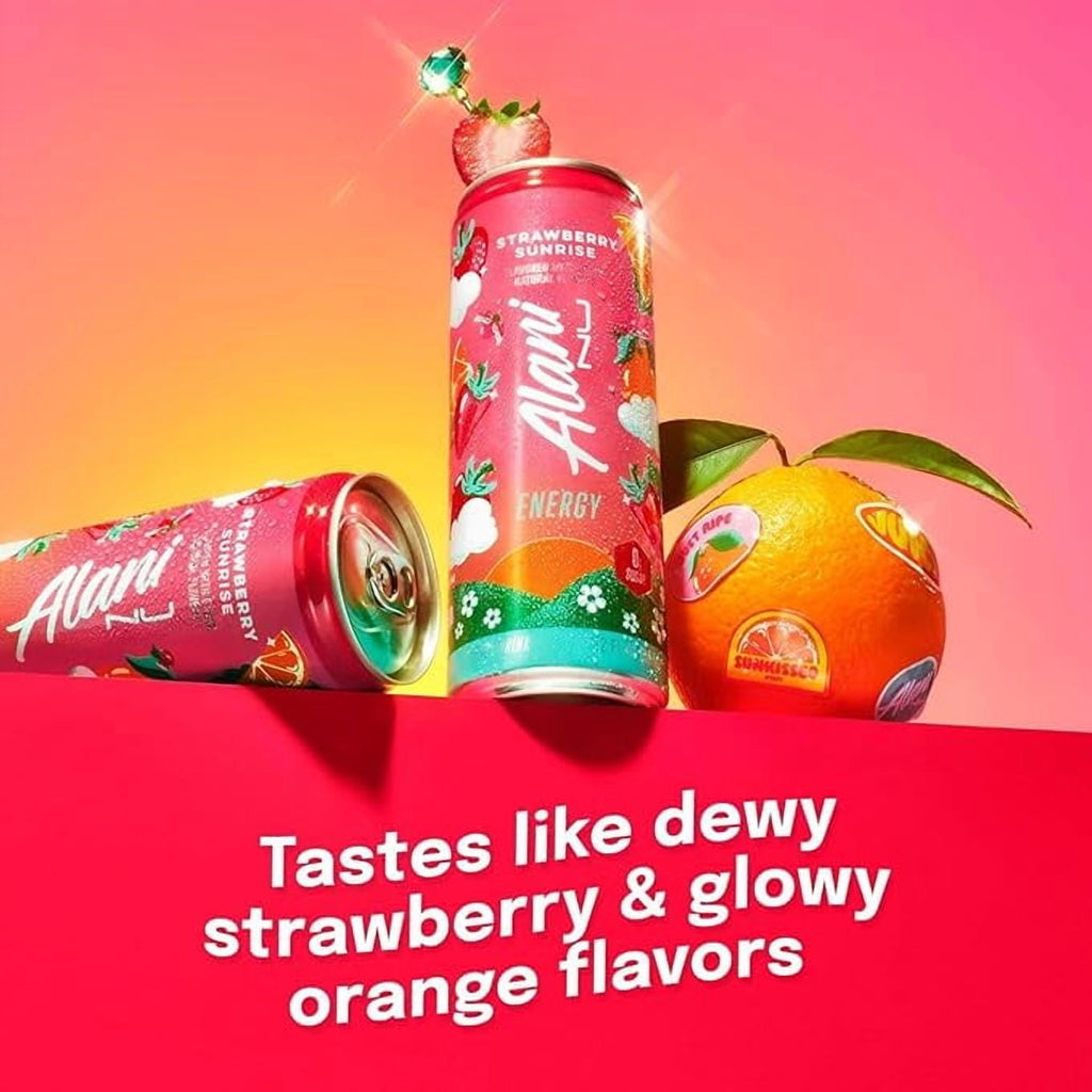 New Alani Energy Drinks Strawberry Sunrise Low - Calorie, Zero Suger, Energy Boost Drinks 12 oz (6 Pack)