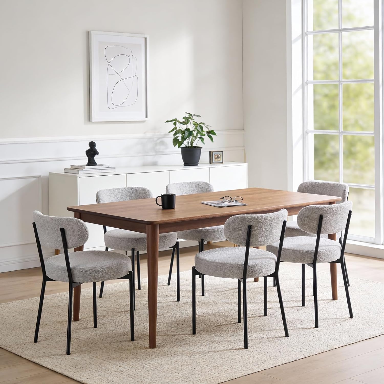 DUMOS Dining Chairs Set of 4, Mid Century Modern Chair Round Upholstered Curved Backrest, Kitchen Vanity Living Room Chairs with Black Metal LegsClassic Grey