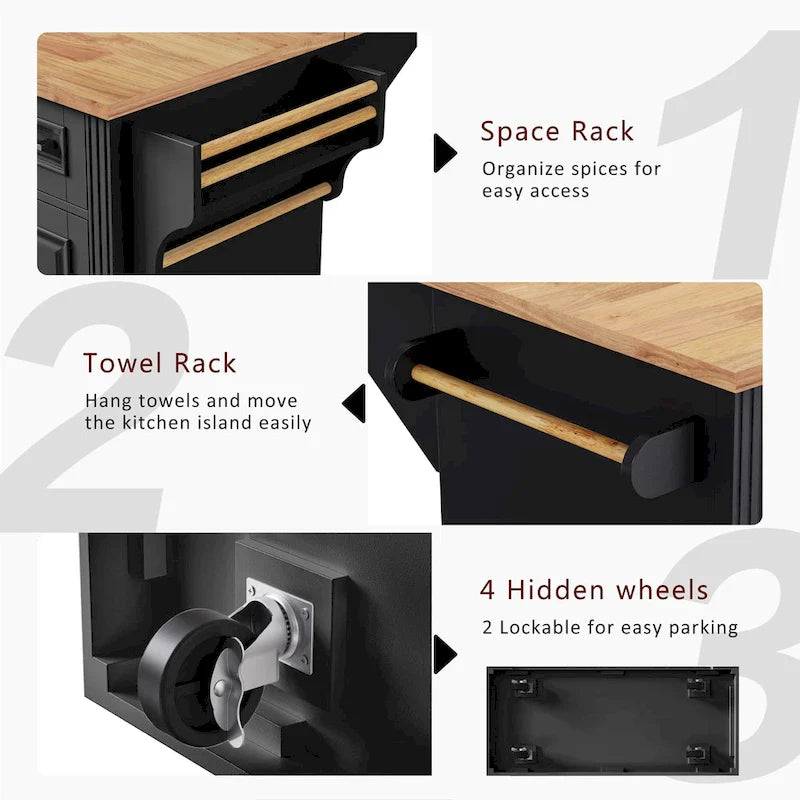 54 Large Kitchen Island with Rubber Wood Drop Leaf, Embossed Texture Rolling Kitchen Cart on 4 Wheels with 4 Doors & 3 Drawers