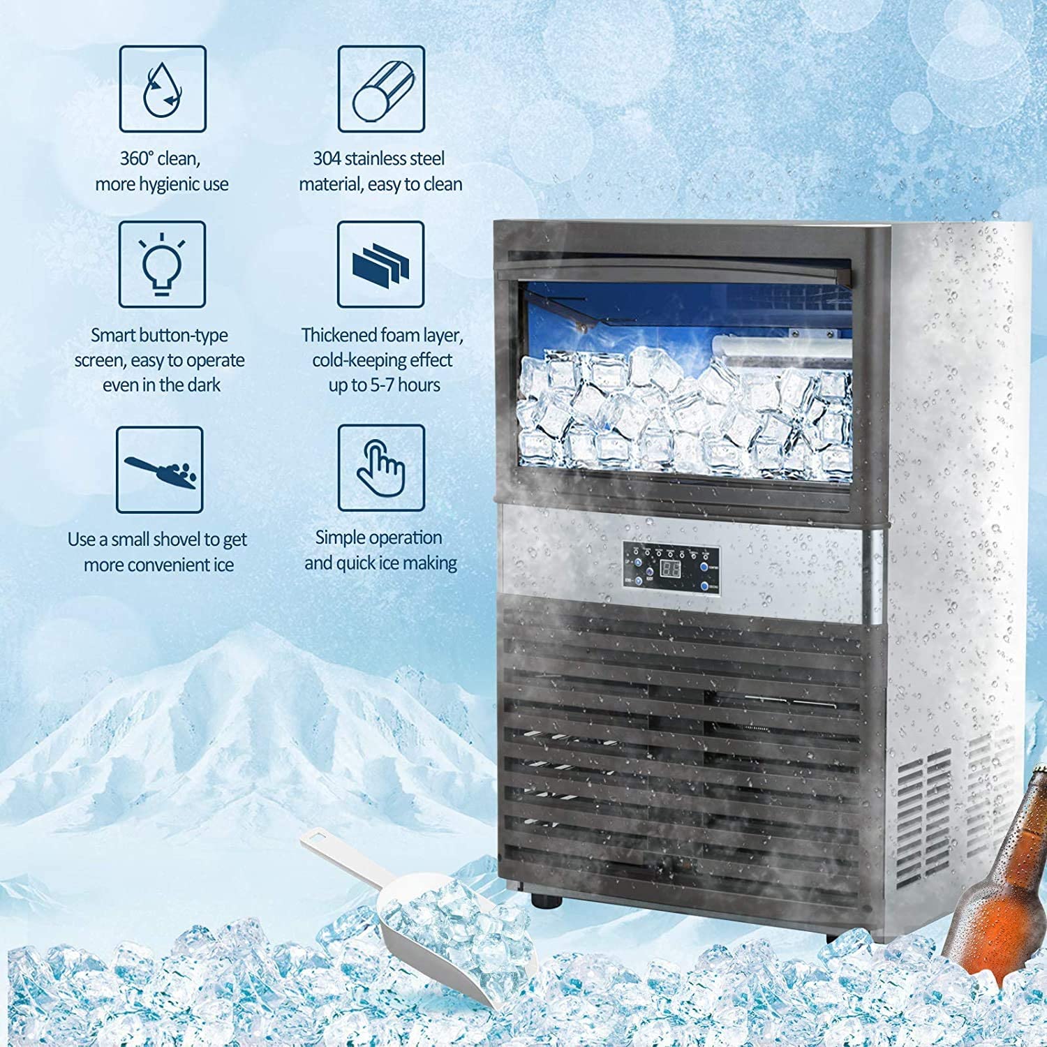 YUTGMasst Commercial Ice 110LBS/24H Stainless Steel Free-Standing Ice Machine Maker Air Cooling Ice