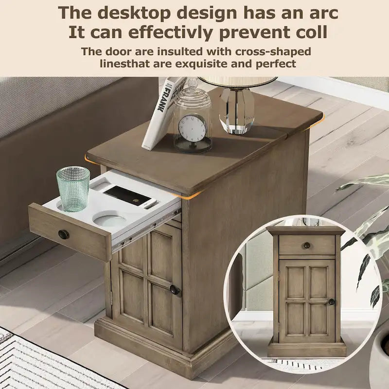 Classic Vintage End Table Side Table with USB Ports and 1 Multifunctional Drawer with Cup Holders
