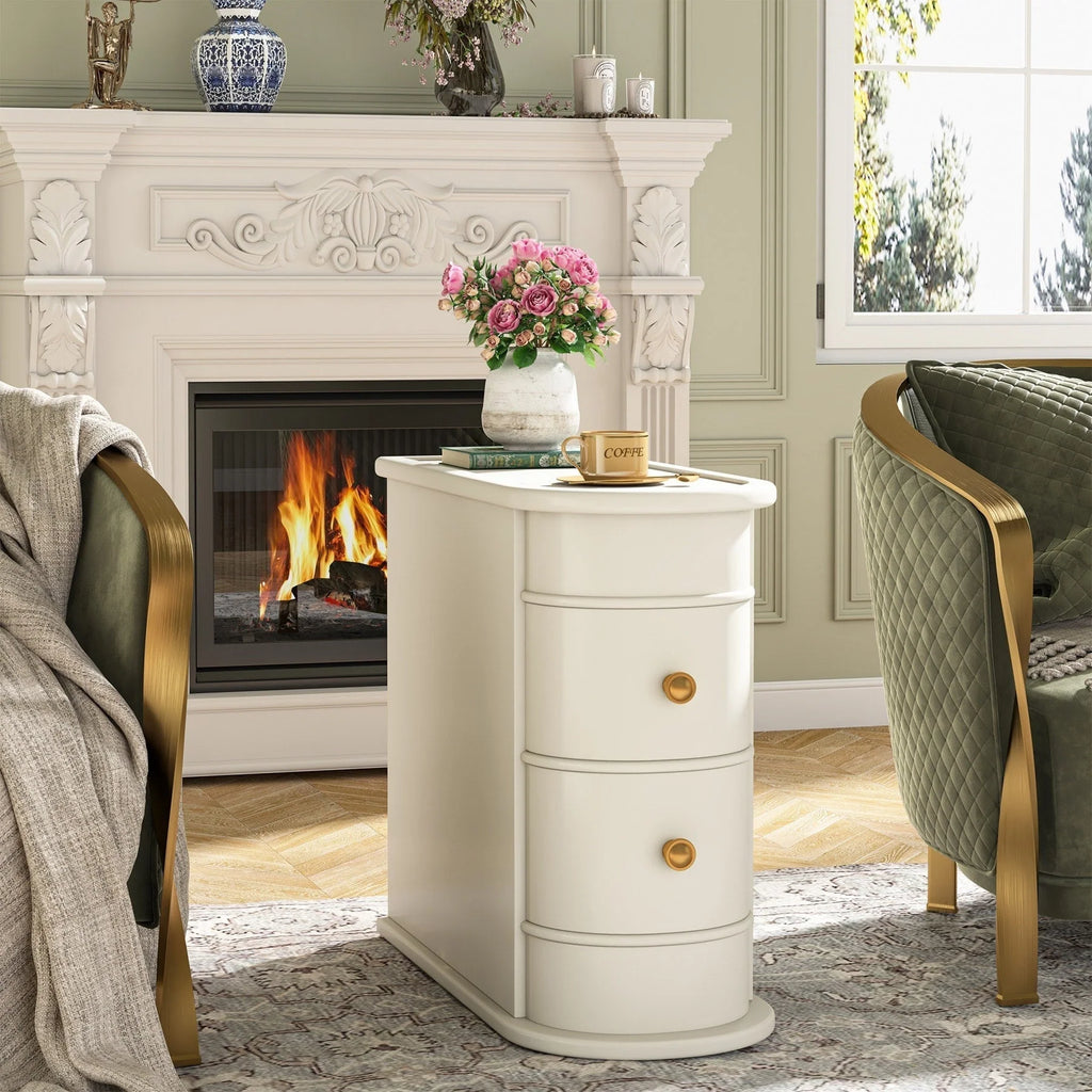 Solid Wood Chairside End Table, Two-Drawer Narrow Side Table Slim