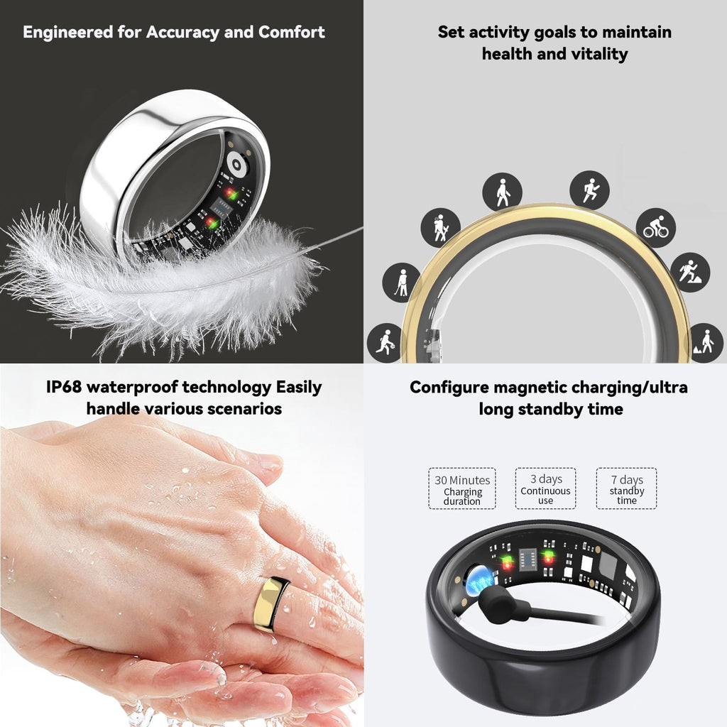 Fitness Tracking Ring, 7-Day Battery, Heart Rate Sleep Monitor, No Subscription, IP68 Waterproof, Stainless Steel - Size 7, Black