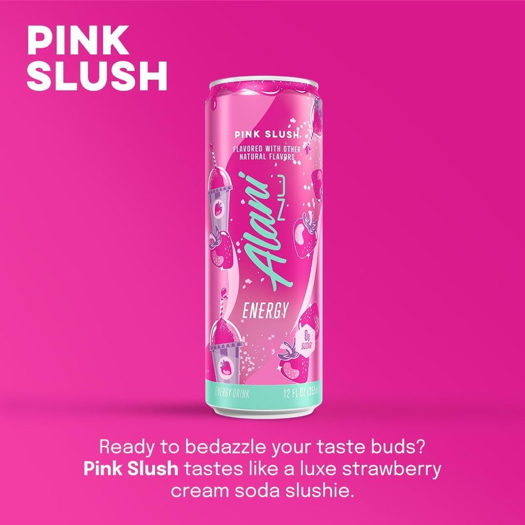 New Alani Energy Drink Variety Pack Pink Slush, Blue Slush, Cherry Slush, Orange Kiss, Winter Wonderland, Dream Float, Sugar-Free, 12 fl oz Low-Calorie Energy Boost Drink (Pack of 6)