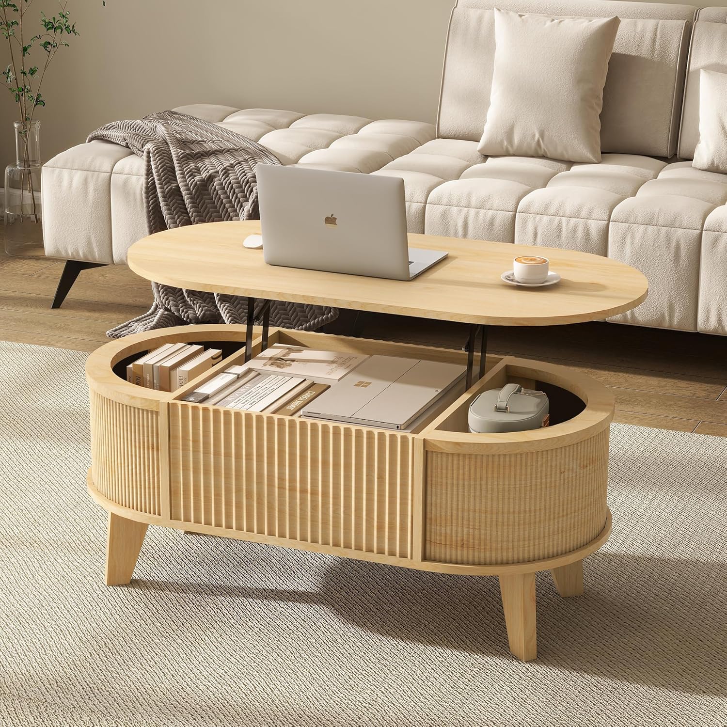 LYNCOHOME Fluted Lift Top Coffee Table with Storage,Modern Oval Coffee Table for Living Room Or Home OfficeNatural