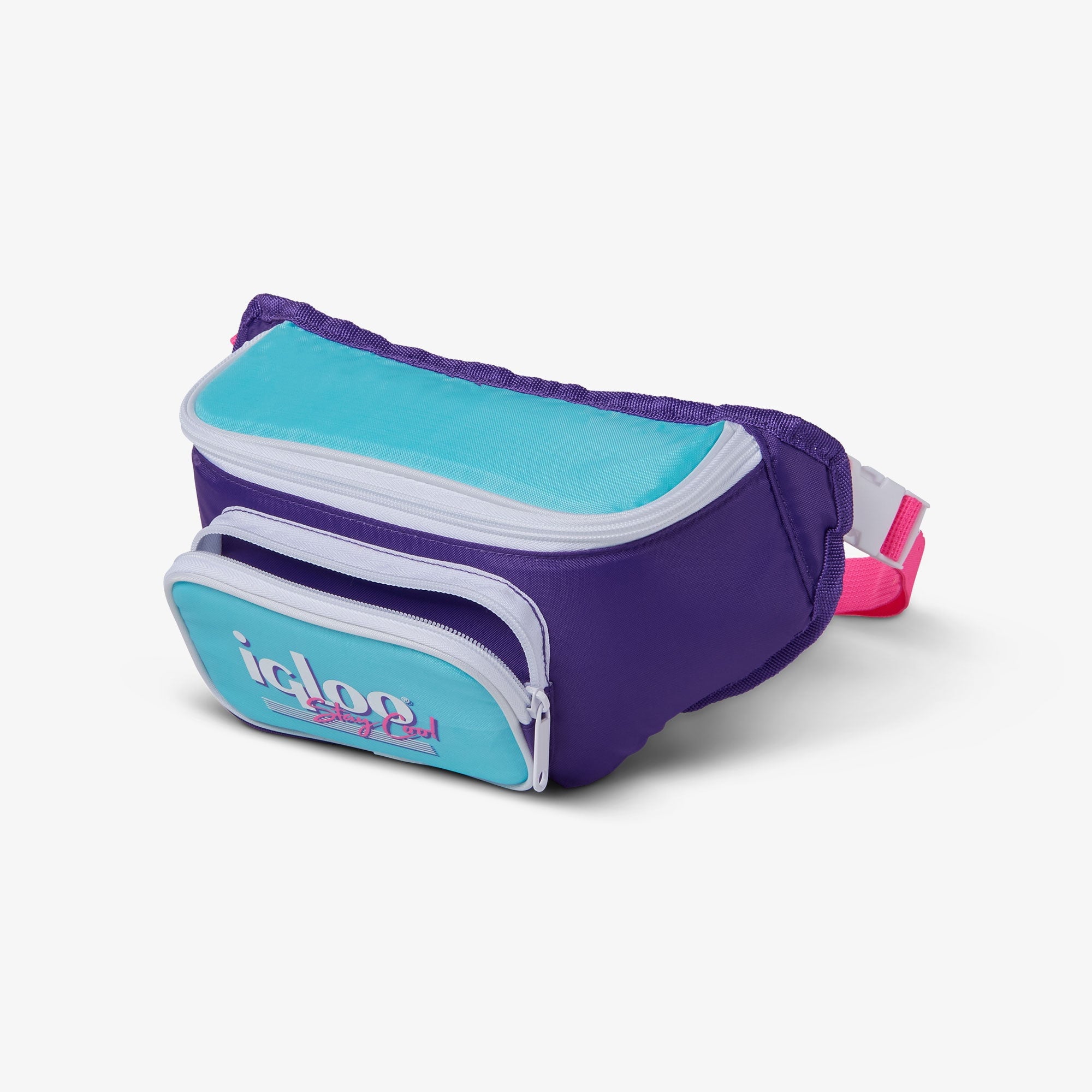 3 can Retro Fanny Pack Cooler Bag, Purple and Aqua Blue