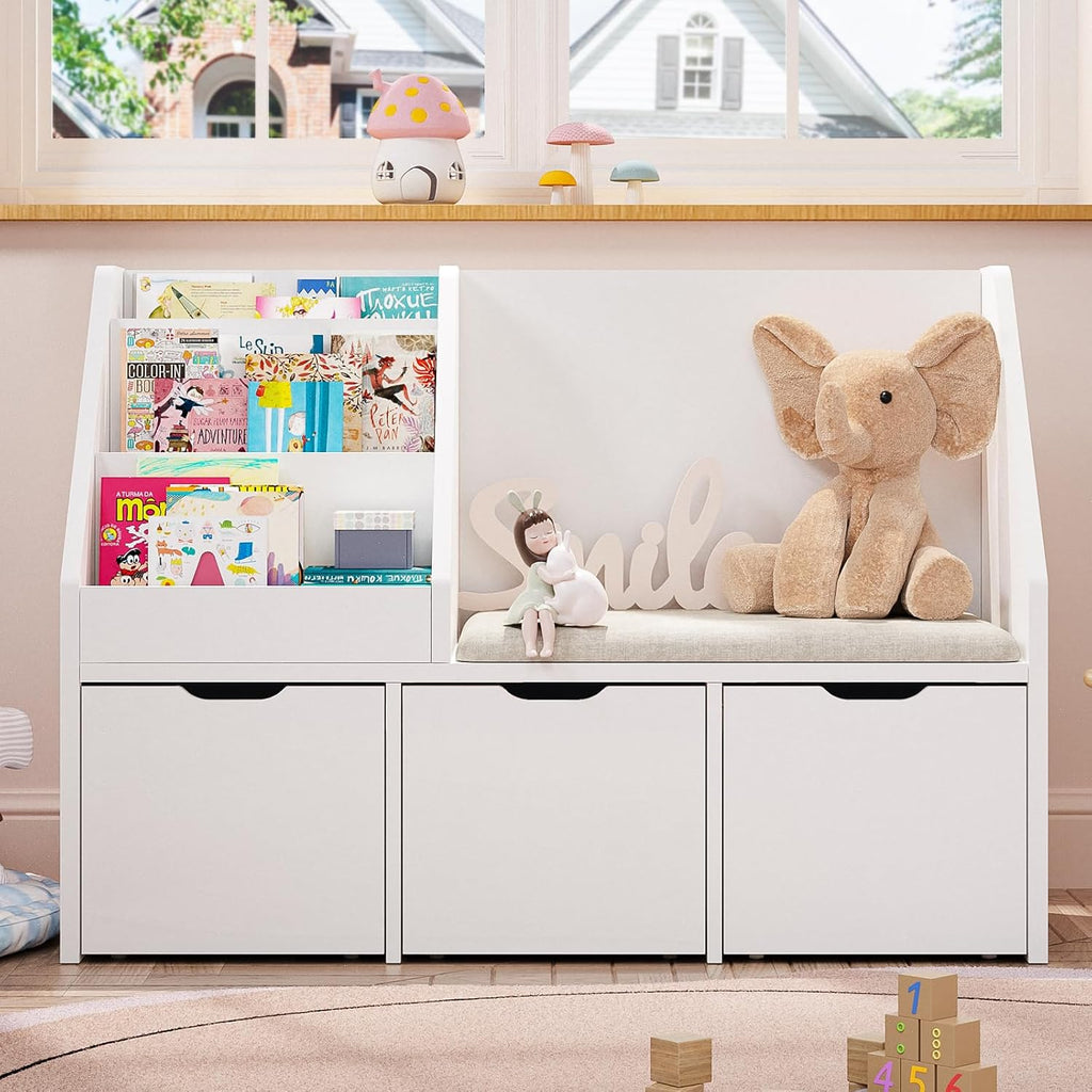 40" Kids Reading Nook with Bench, Toy Storage Organizer and Bookshelf with Seat Cushion, Kids Bookshelf with 3 Movable Drawers, Toy Storage Box on Wheels, Ideal for Nursery, Playroom, Bedroom, White