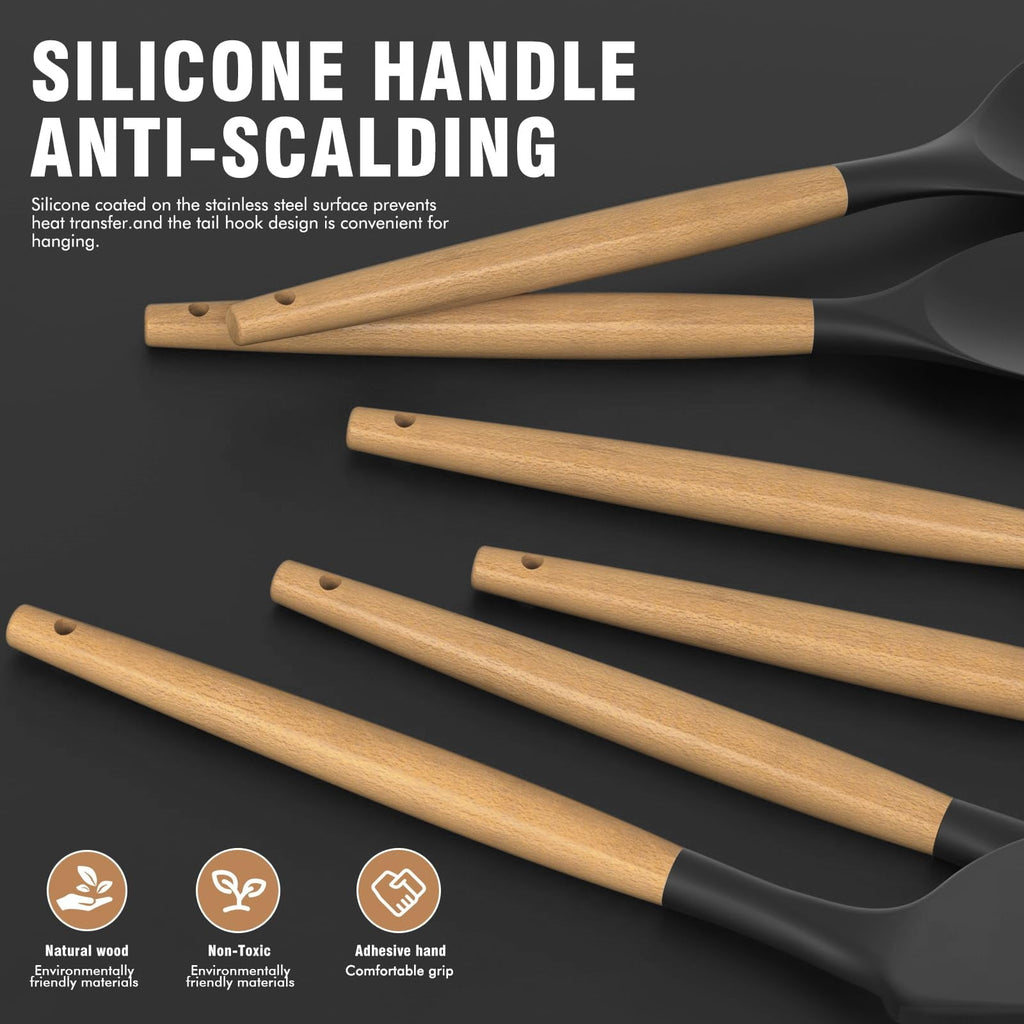 38 Pcs Silicone Cooking Utensils Kitchen Utensil Set - 446°F ,Turner Tongs,Spatula,Spoon,Brush,Whisk. Wooden Handles Kitchen Gadgets Tools Set for Non-Stick Cookware (BPA Free).