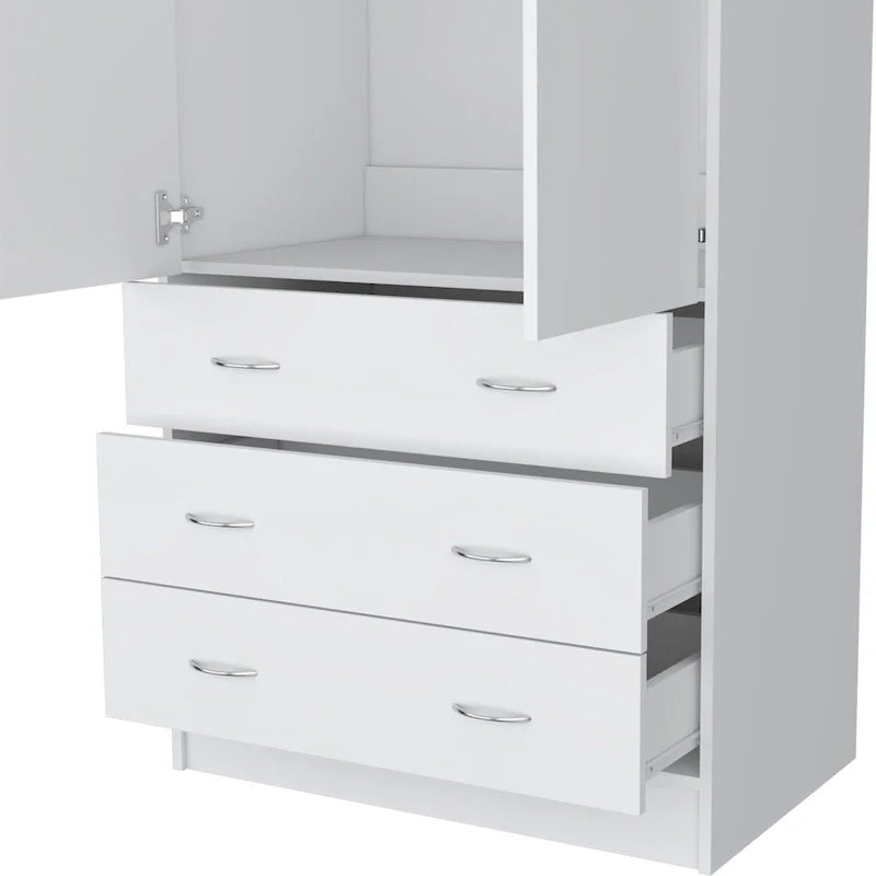 19 Modern Double-door Armoire with 3 Drawers and 1 Hanging Rod for Bedroom