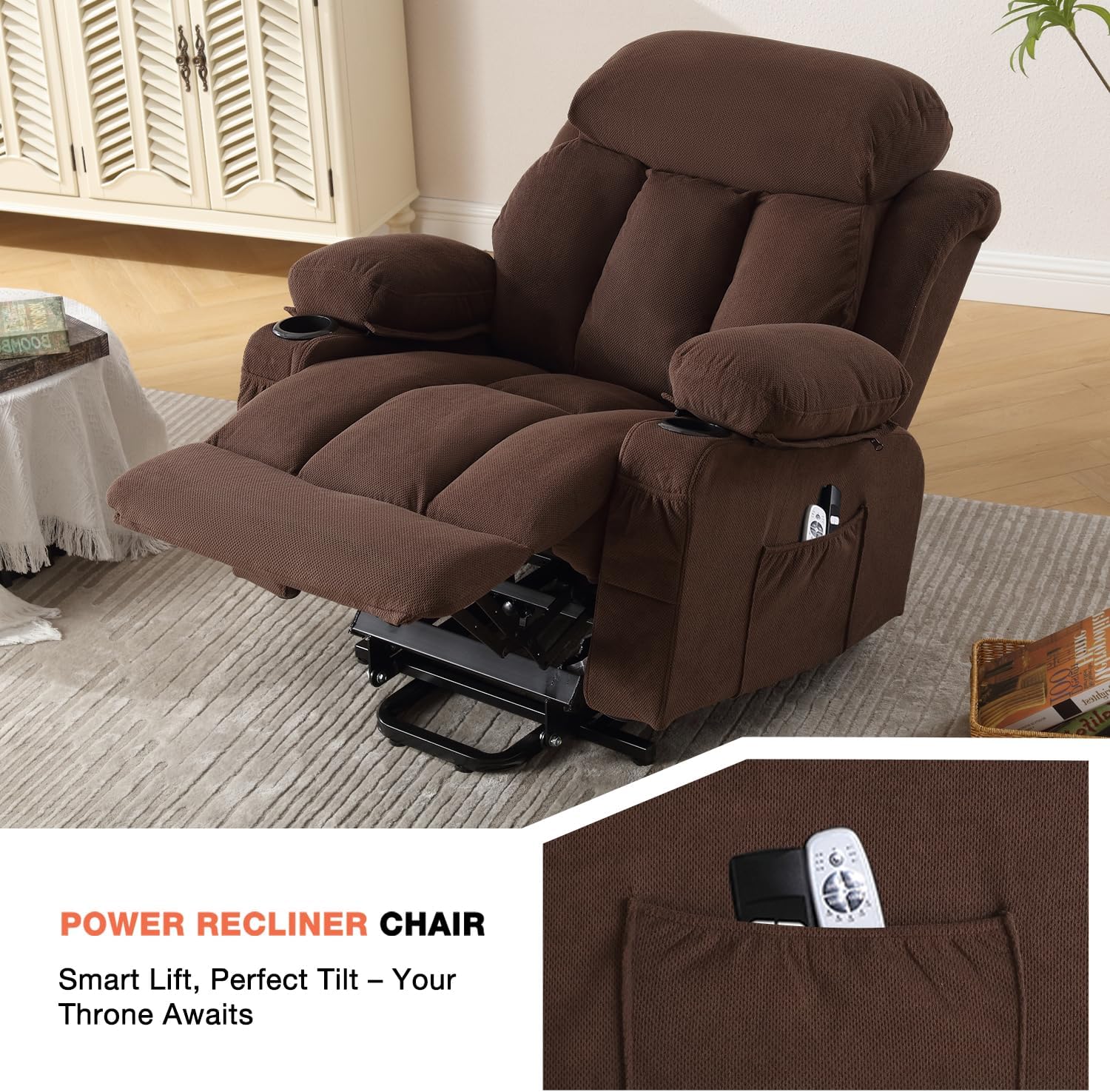 MAHOMICO Power Lift Recliner Chair for Elderly with Vibration Massage and Lumbar Heating, Electric Lift Recliner Single Sofa with Side Pocket, Two Cup Holders and USB Charge Port for Living Room